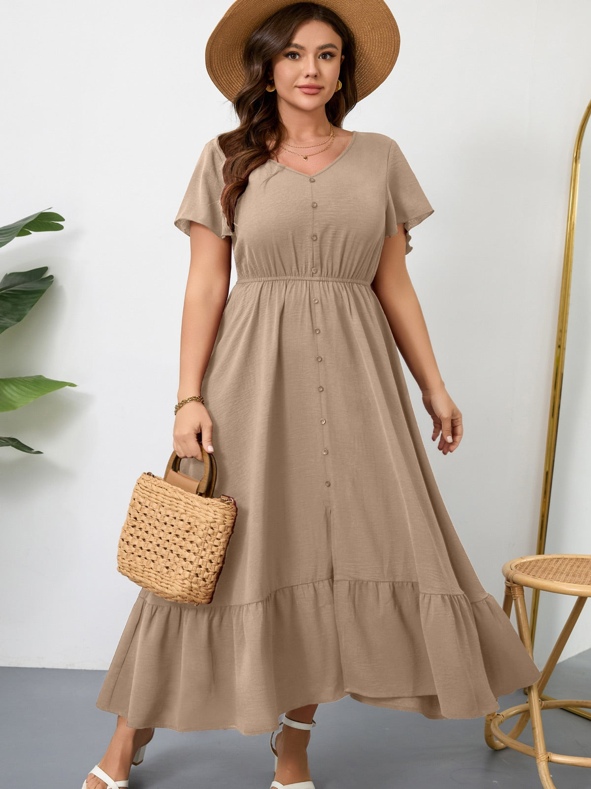 Plus Size Ruffle-Sleeve V-Neck Maxi Dress — Khaki gallery image 1