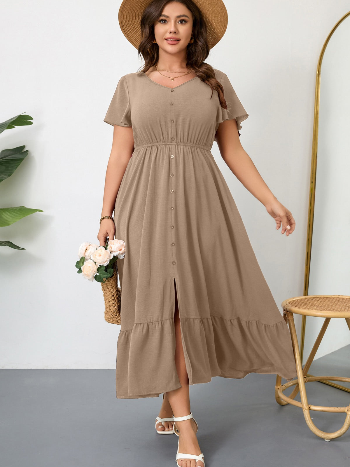 Plus Size Ruffle-Sleeve V-Neck Maxi Dress — Khaki gallery image 2
