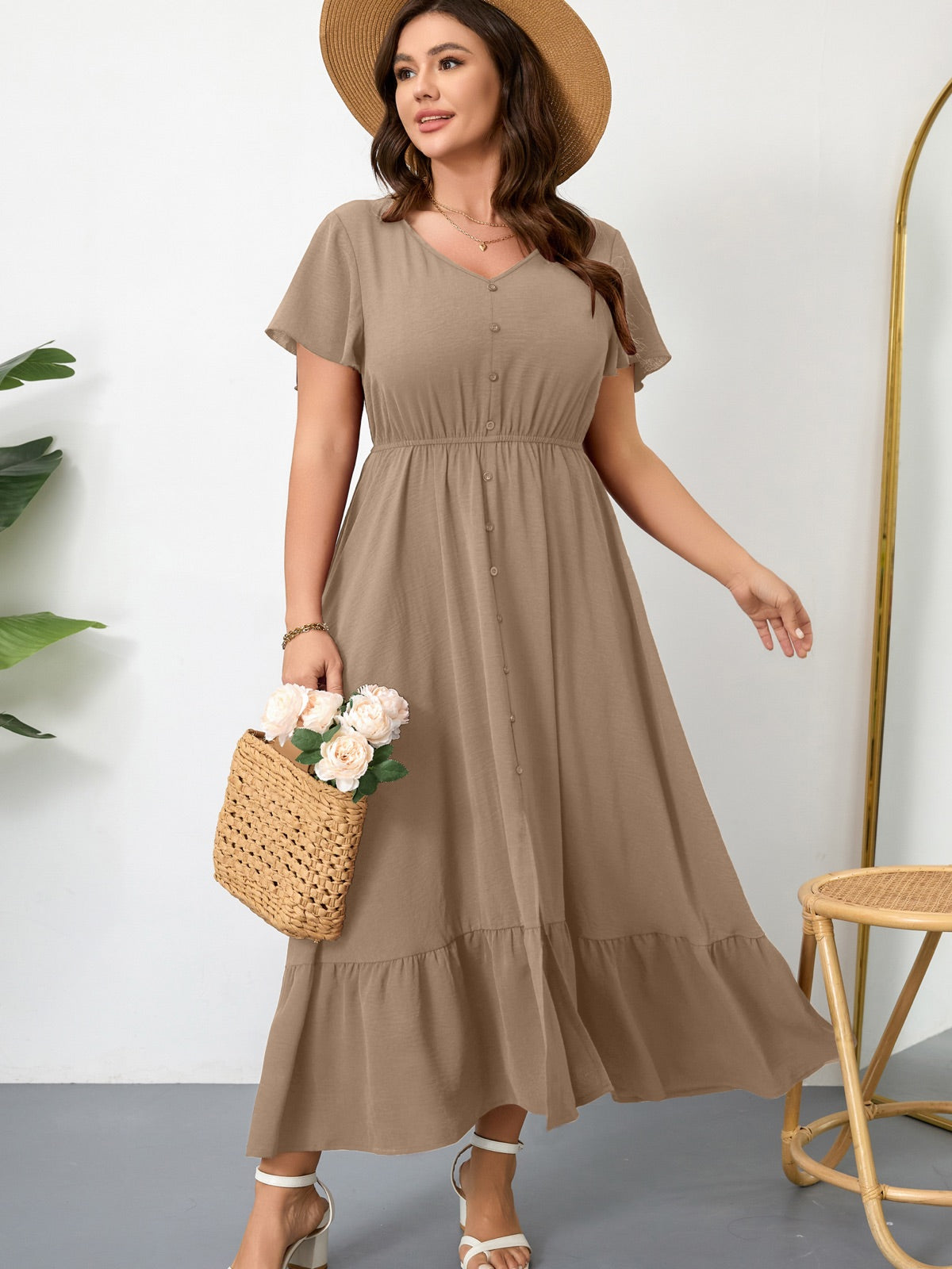 Plus Size Ruffle-Sleeve V-Neck Maxi Dress — Khaki gallery image 3