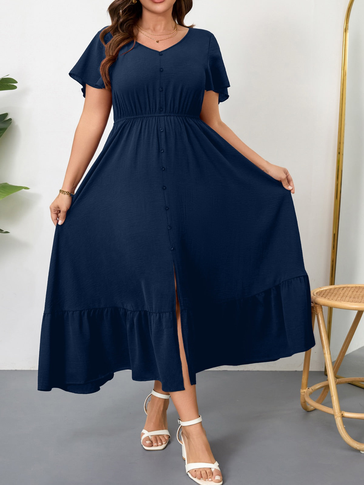 Plus Size Ruffle-Sleeve V-Neck Maxi Dress — Navy Blue gallery image 3