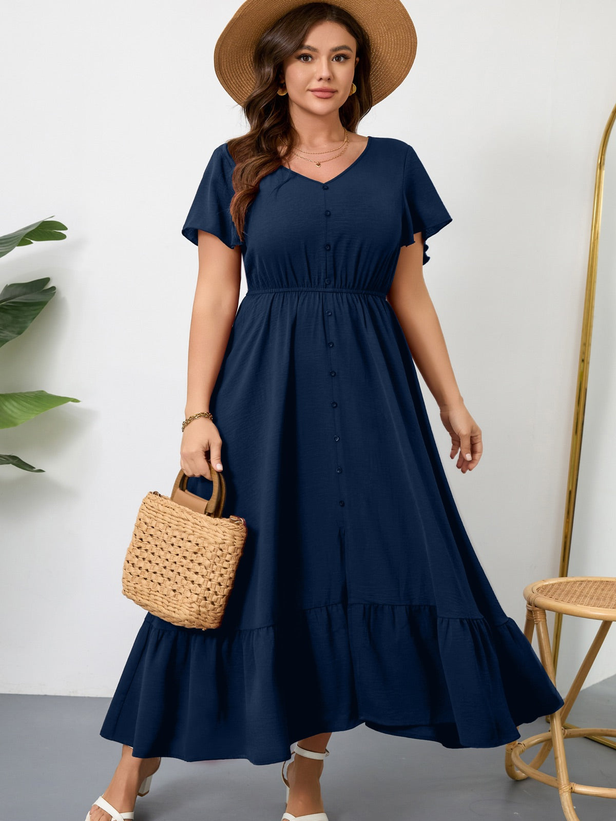 Plus Size Ruffle-Sleeve V-Neck Maxi Dress — Navy Blue gallery image 1