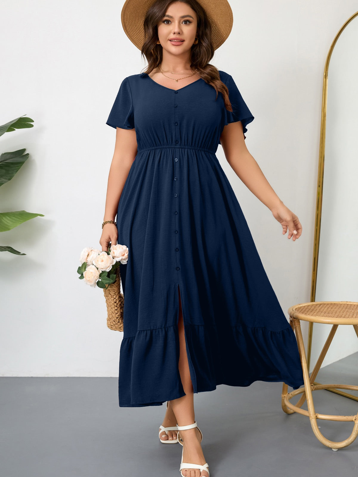 Plus Size Ruffle-Sleeve V-Neck Maxi Dress — Navy Blue gallery image 2