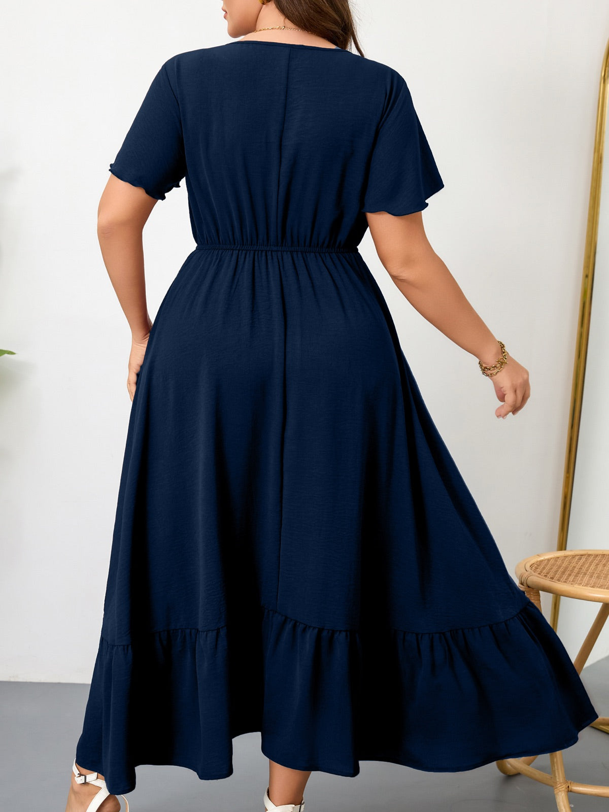 Plus Size Ruffle-Sleeve V-Neck Maxi Dress — Navy Blue gallery image 3