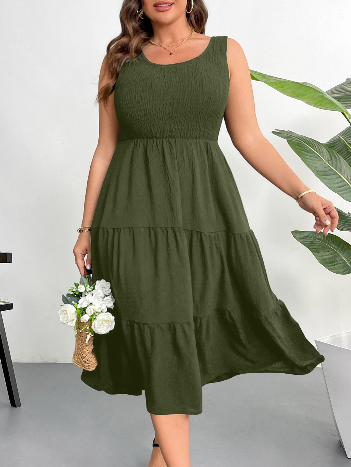 Plus Size Sleeveless Tiered Maxi Dress — Army Green gallery image 1