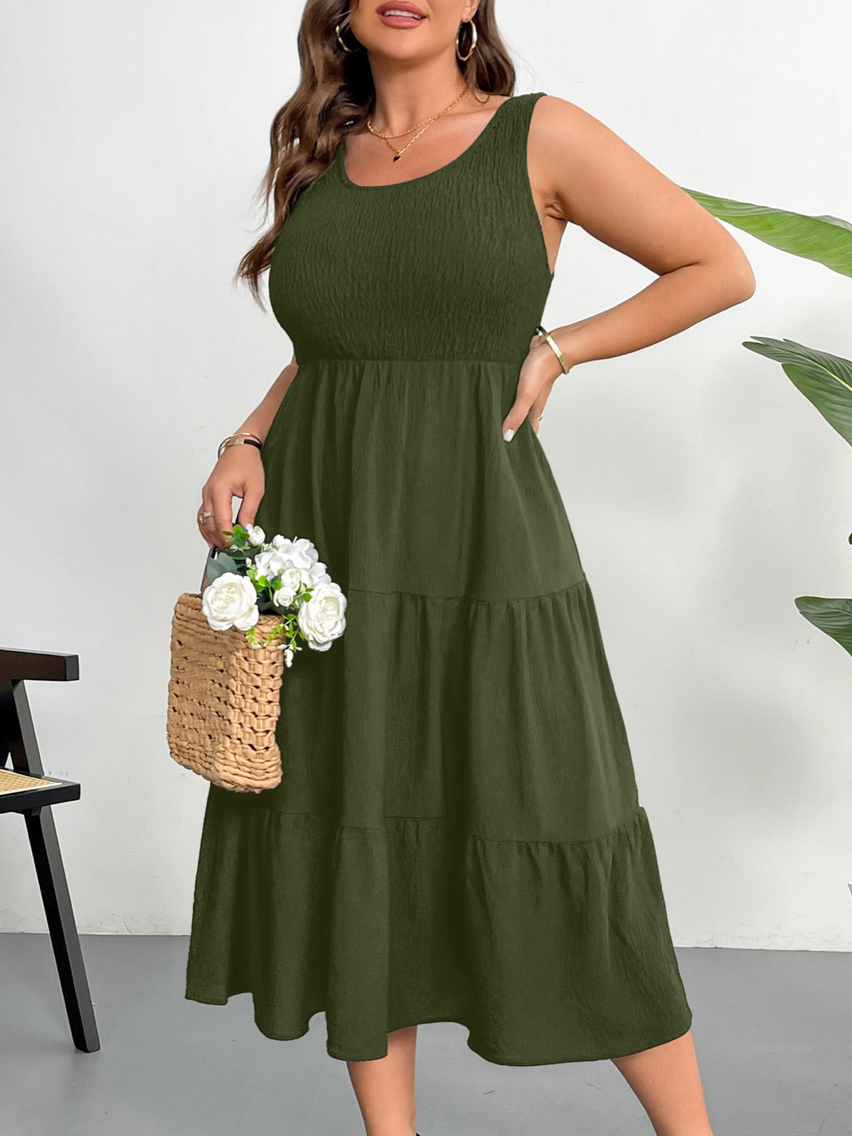 Plus Size Sleeveless Tiered Maxi Dress — Army Green gallery image 2