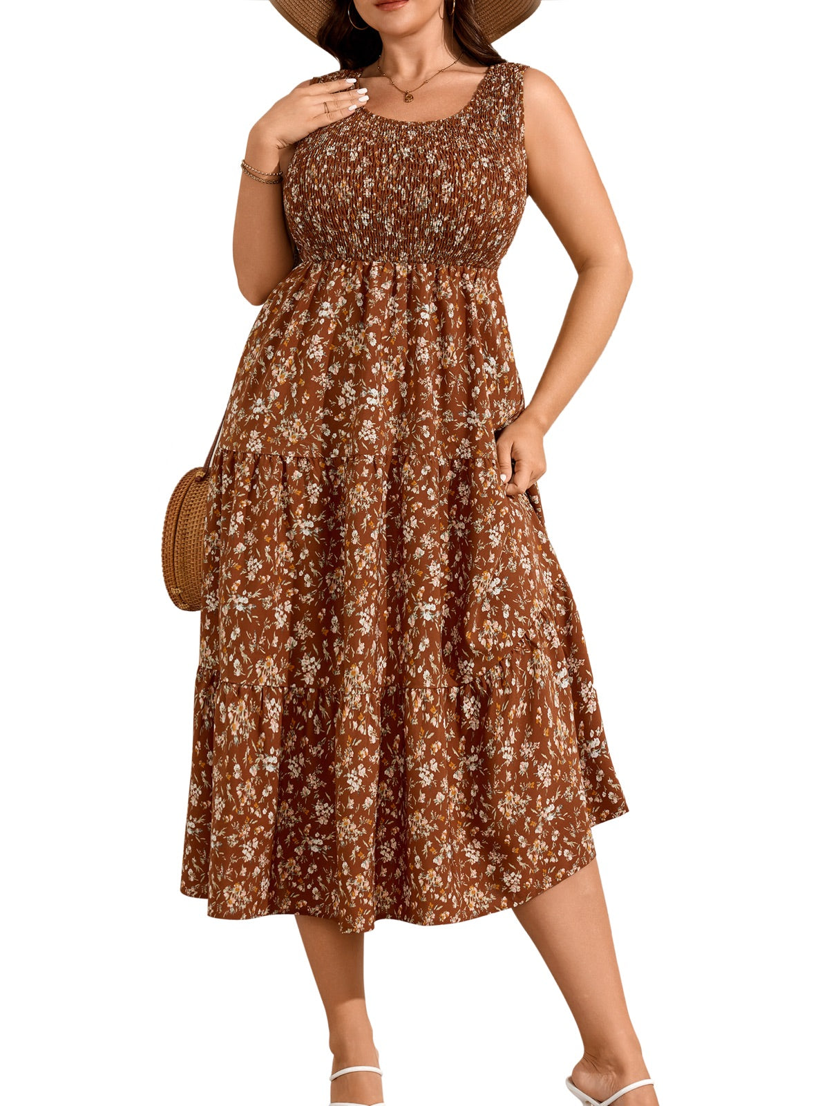 Plus Size Sleeveless Tiered Maxi Dress — Brown Floral gallery image 3