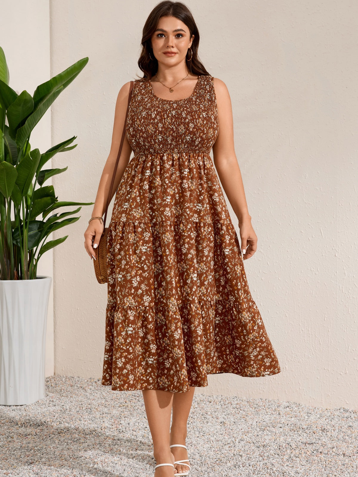 Plus Size Sleeveless Tiered Maxi Dress — Brown Floral gallery image 4