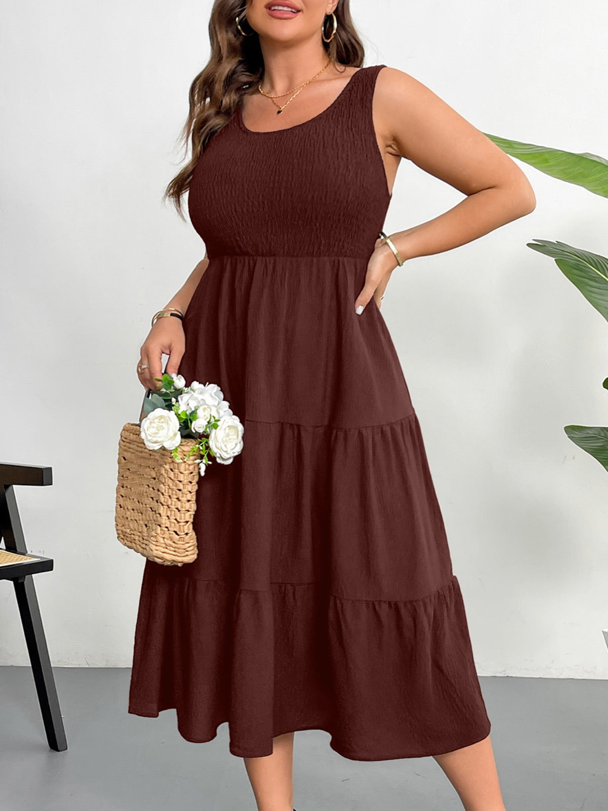 Plus Size Sleeveless Tiered Maxi Dress — Chocolate Brown gallery image 2