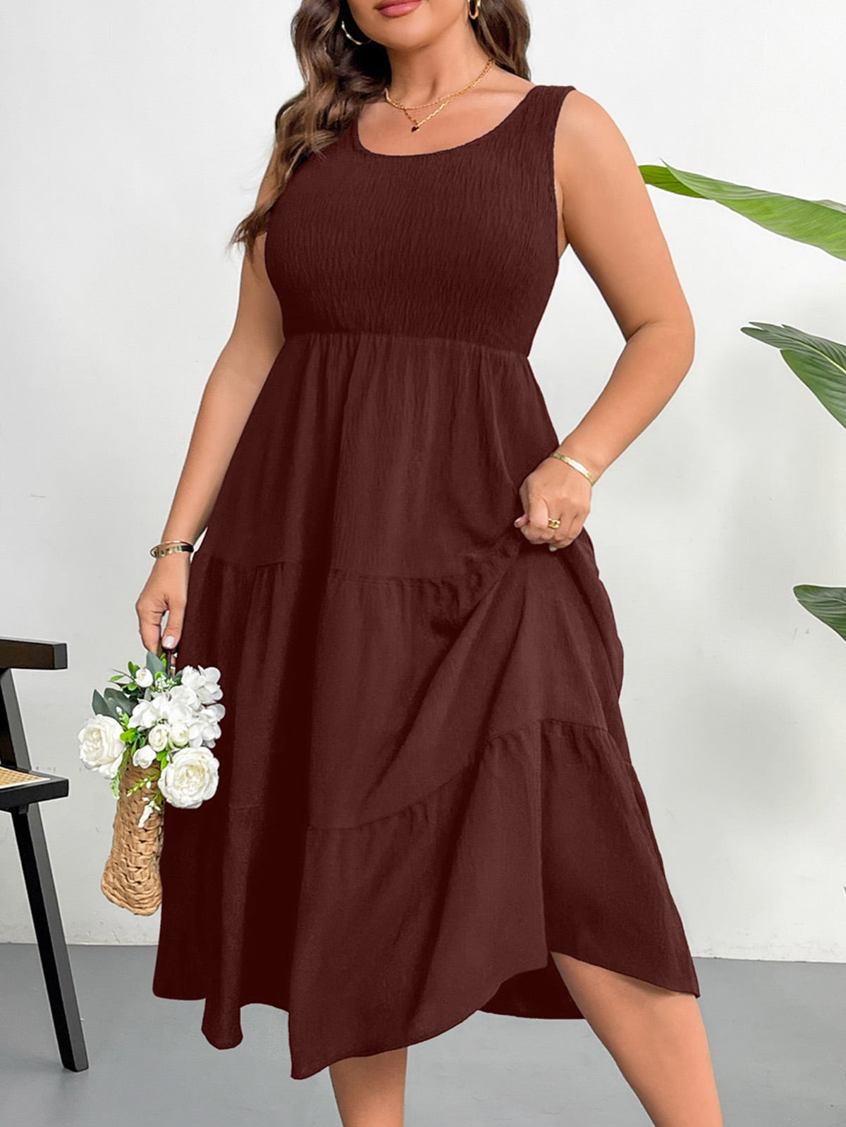 Plus Size Sleeveless Tiered Maxi Dress — Chocolate Brown gallery image 3