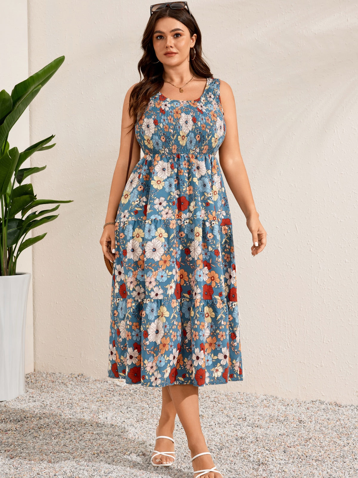 Plus Size Sleeveless Tiered Maxi Dress — Multi Blue Floral gallery image 3