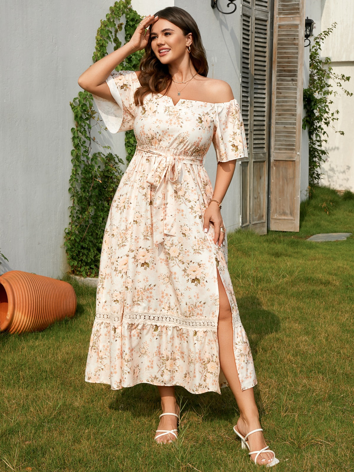 Plus Size Off-Shoulder Floral Maxi Dress — Beige Floral gallery image 1
