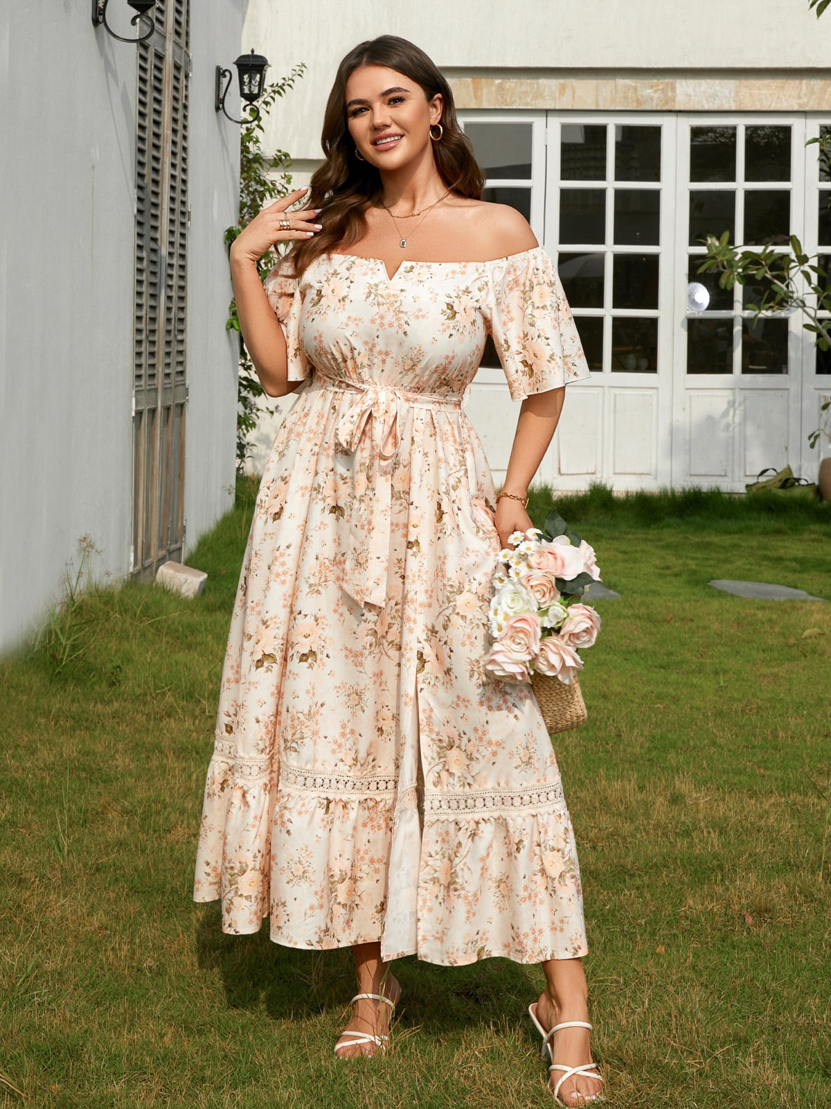 Plus Size Off-Shoulder Floral Maxi Dress — Beige Floral gallery image 2