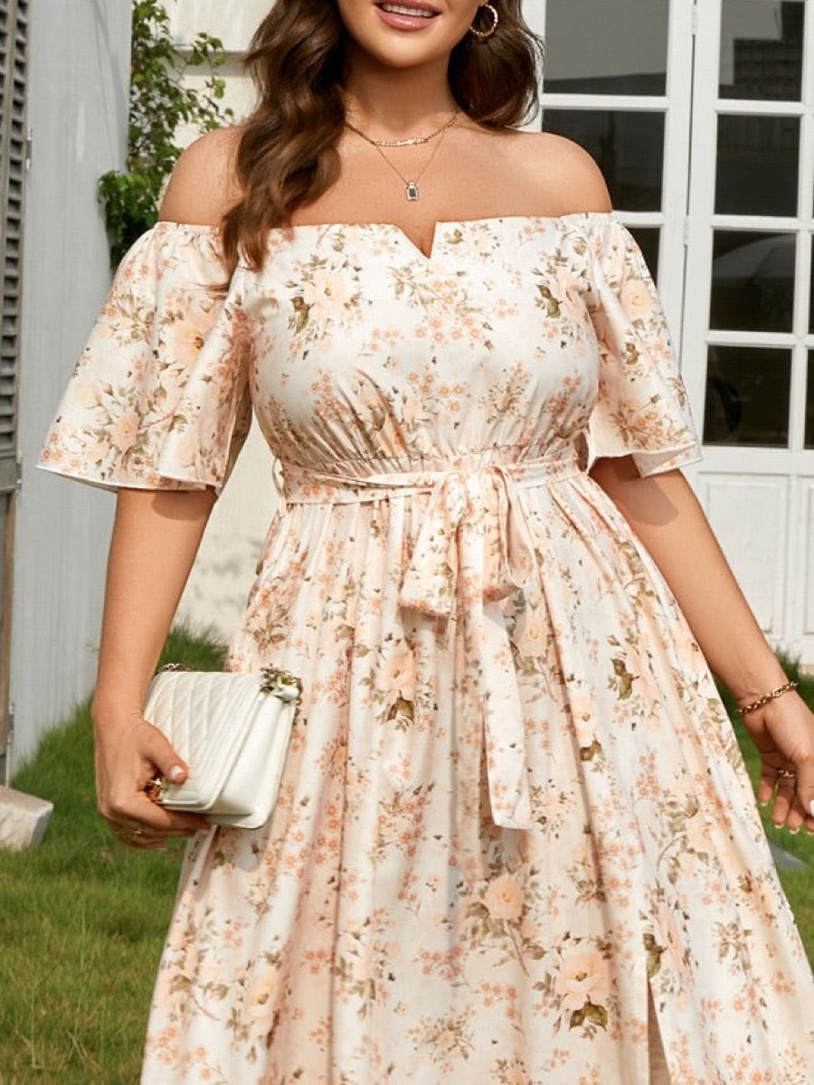 RWJ 6653 beige floral off-shoulder maxi dress, upper-body detail