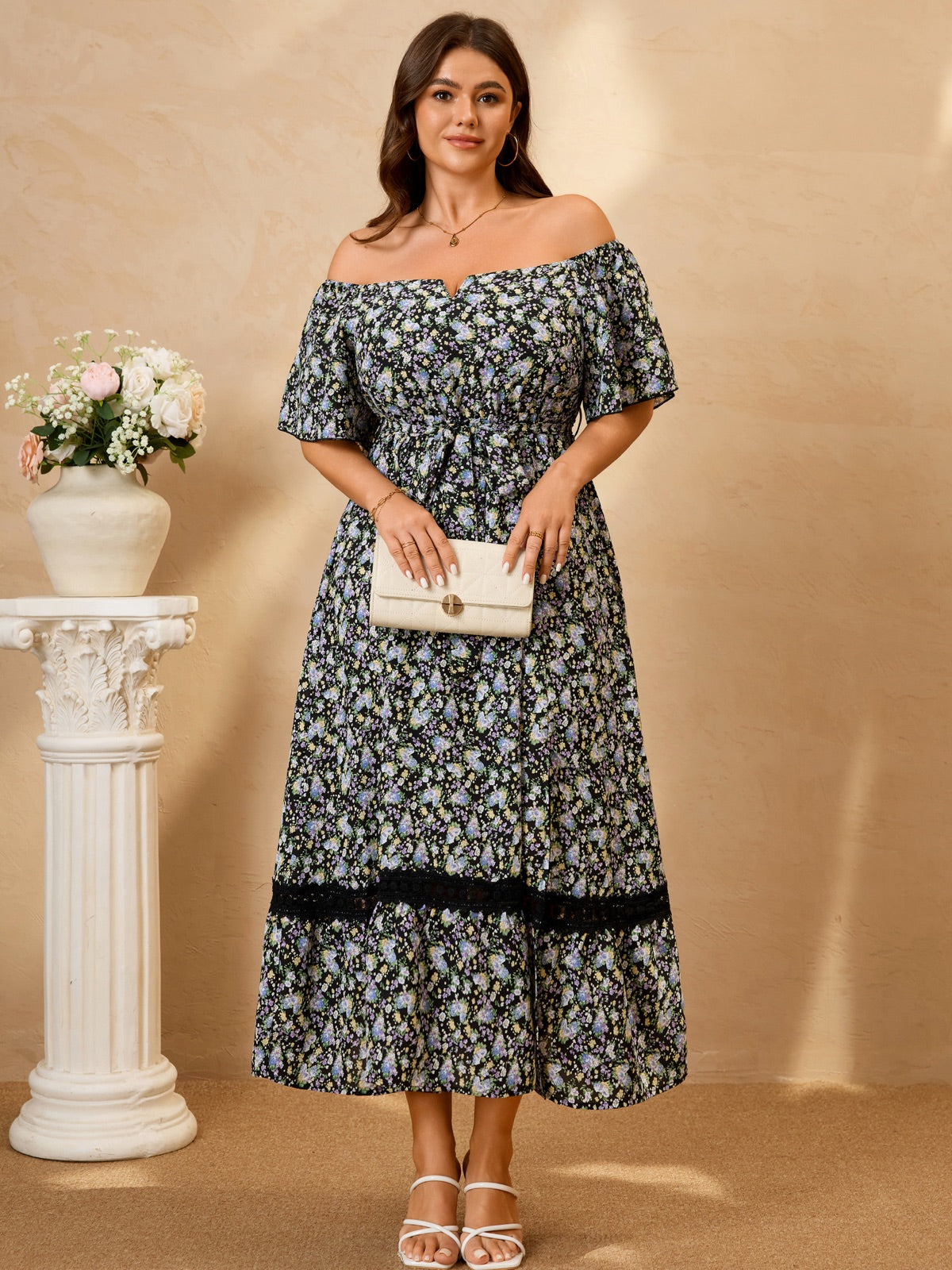 Plus Size Off-Shoulder Floral Maxi Dress — Black Floral gallery image 3
