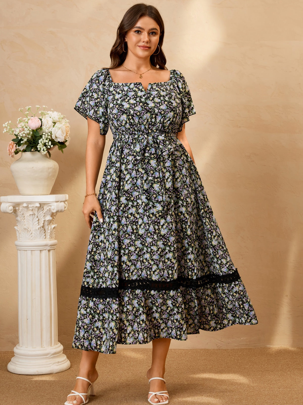 Plus Size Off-Shoulder Floral Maxi Dress — Black Floral gallery image 1