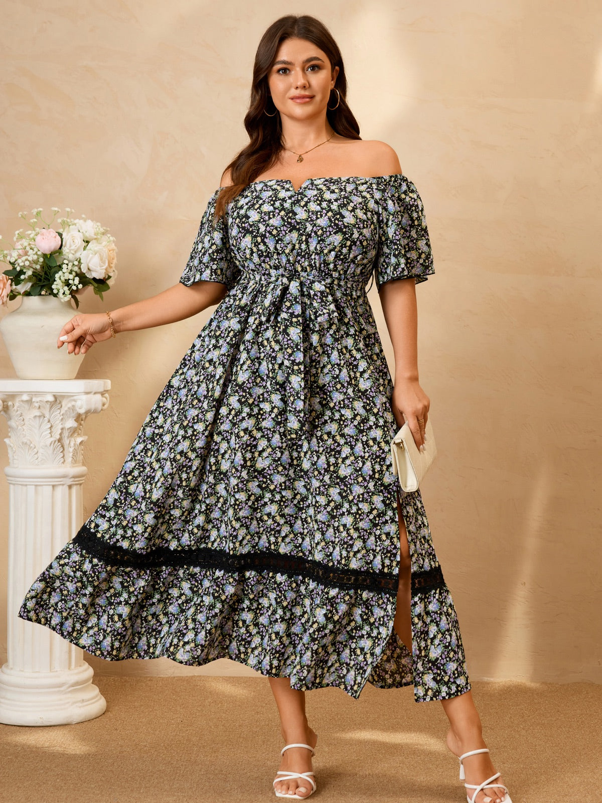 Plus Size Off-Shoulder Floral Maxi Dress — Black Floral gallery image 2