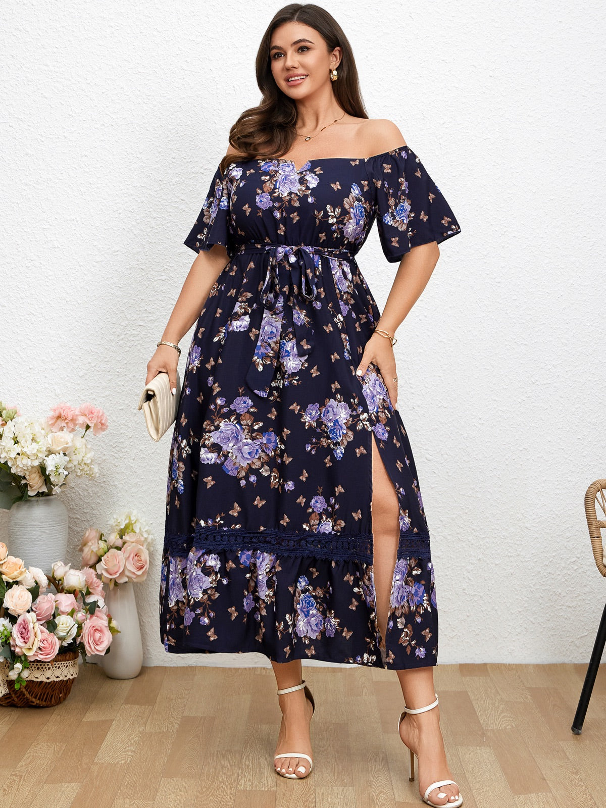 Plus Size Off-Shoulder Floral Maxi Dress — Blue Purple Floral gallery image 3