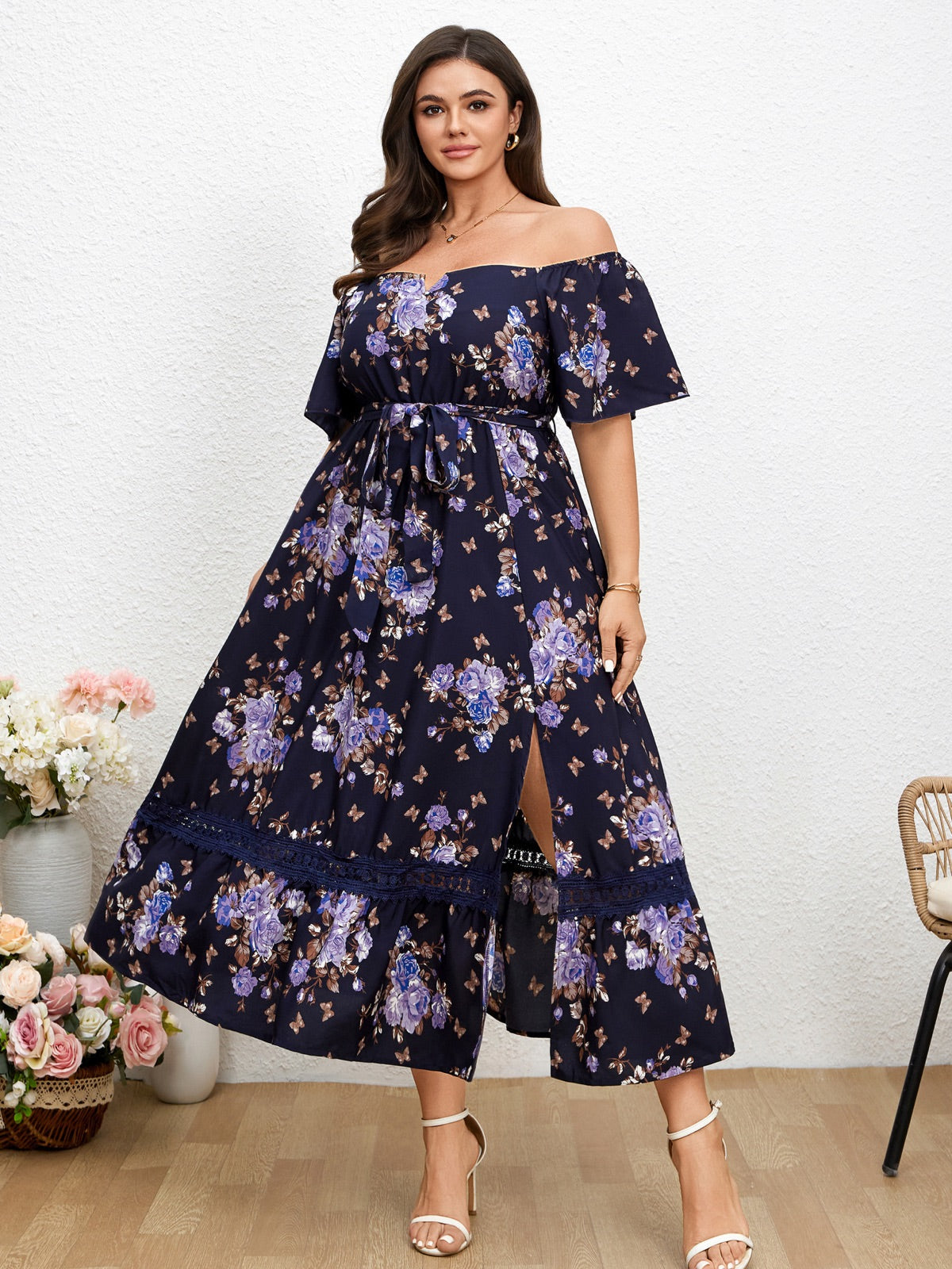 Plus Size Off-Shoulder Floral Maxi Dress — Blue Purple Floral gallery image 3