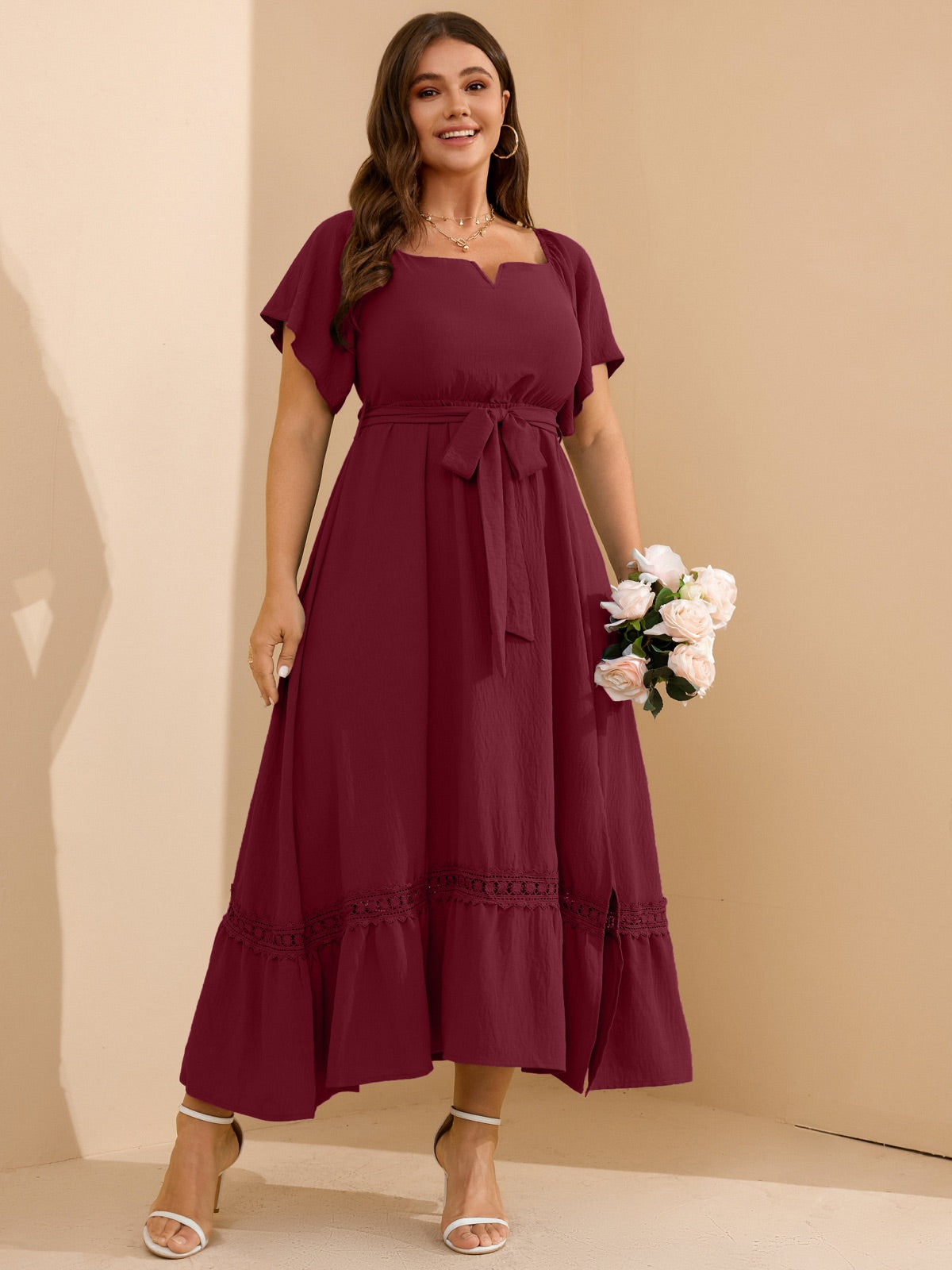 Plus Size Off-Shoulder Floral Maxi Dress — Burgundy gallery image 3