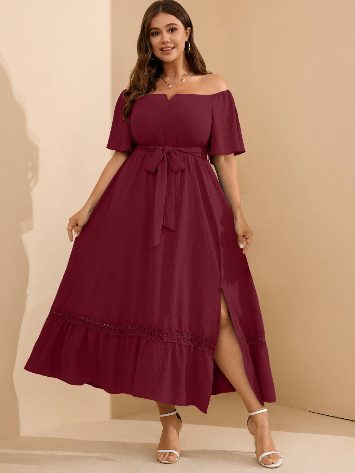 Plus Size Off-Shoulder Floral Maxi Dress — Burgundy gallery image 1