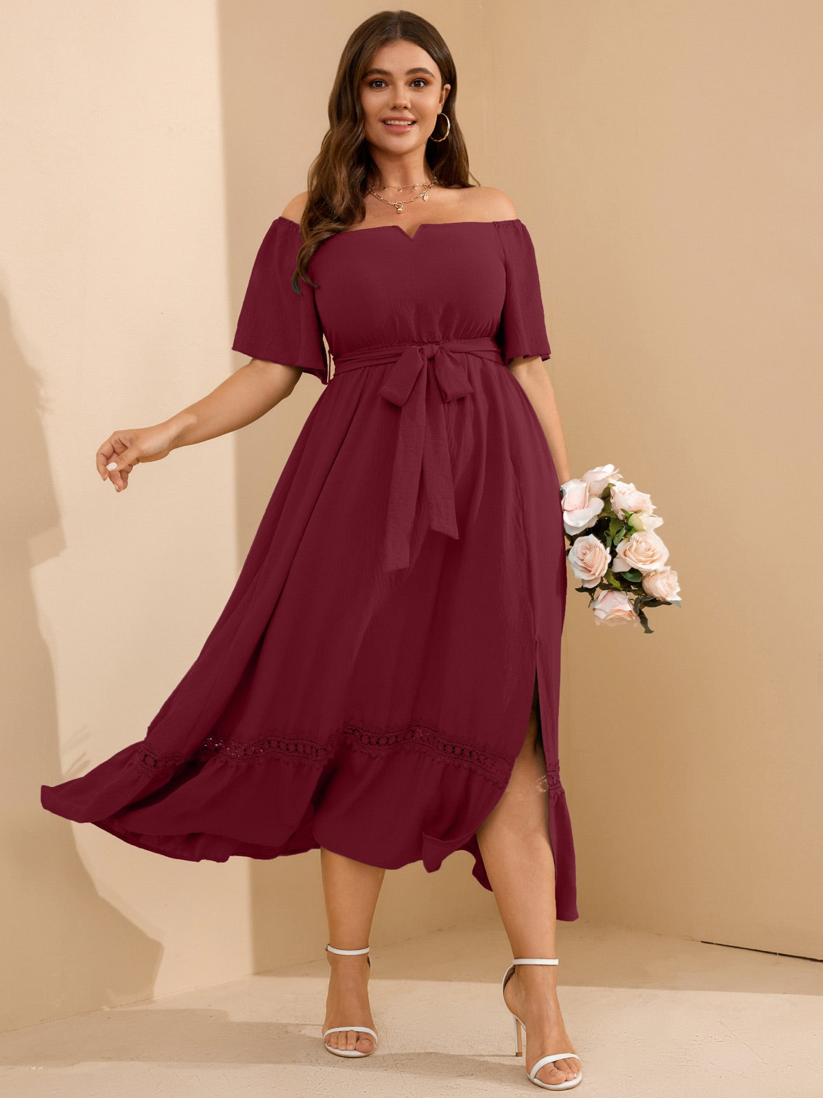 Plus Size Off-Shoulder Floral Maxi Dress — Burgundy gallery image 2