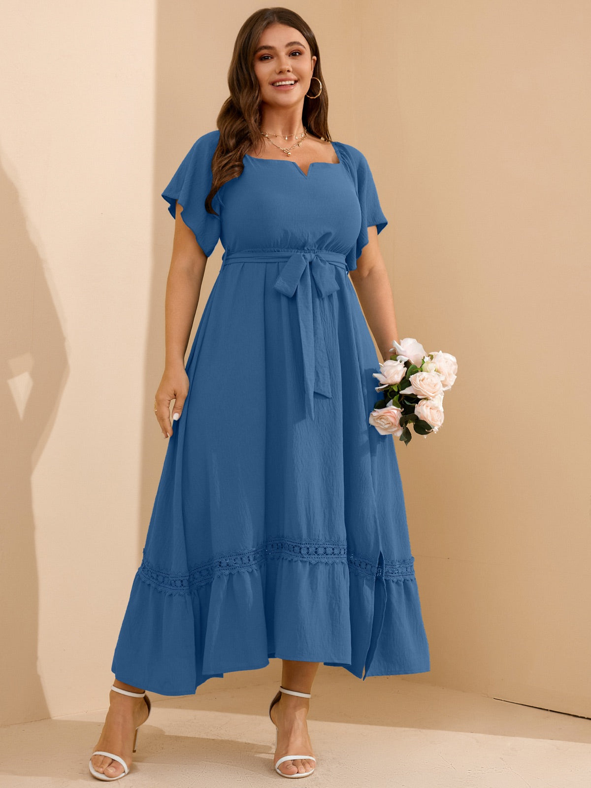 Plus Size Off-Shoulder Floral Maxi Dress — Dusty Blue gallery image 3