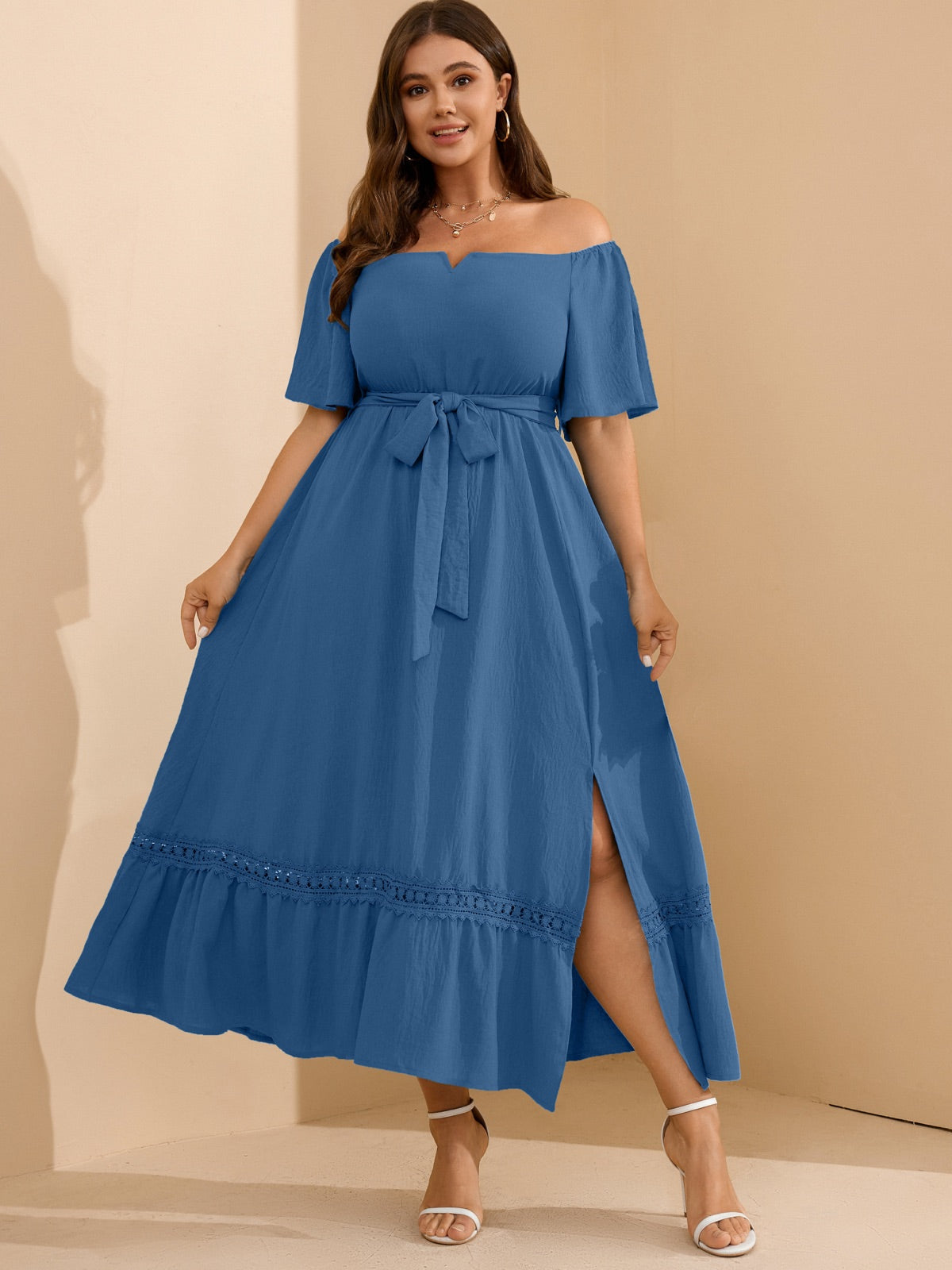 Plus Size Off-Shoulder Floral Maxi Dress — Dusty Blue gallery image 1