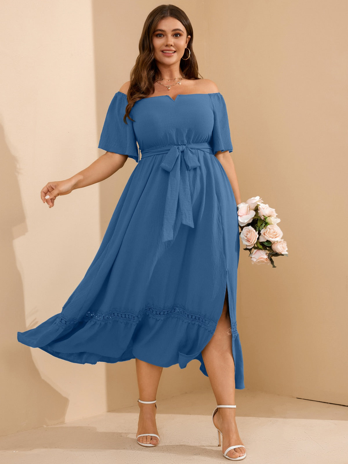 Plus Size Off-Shoulder Floral Maxi Dress — Dusty Blue gallery image 2