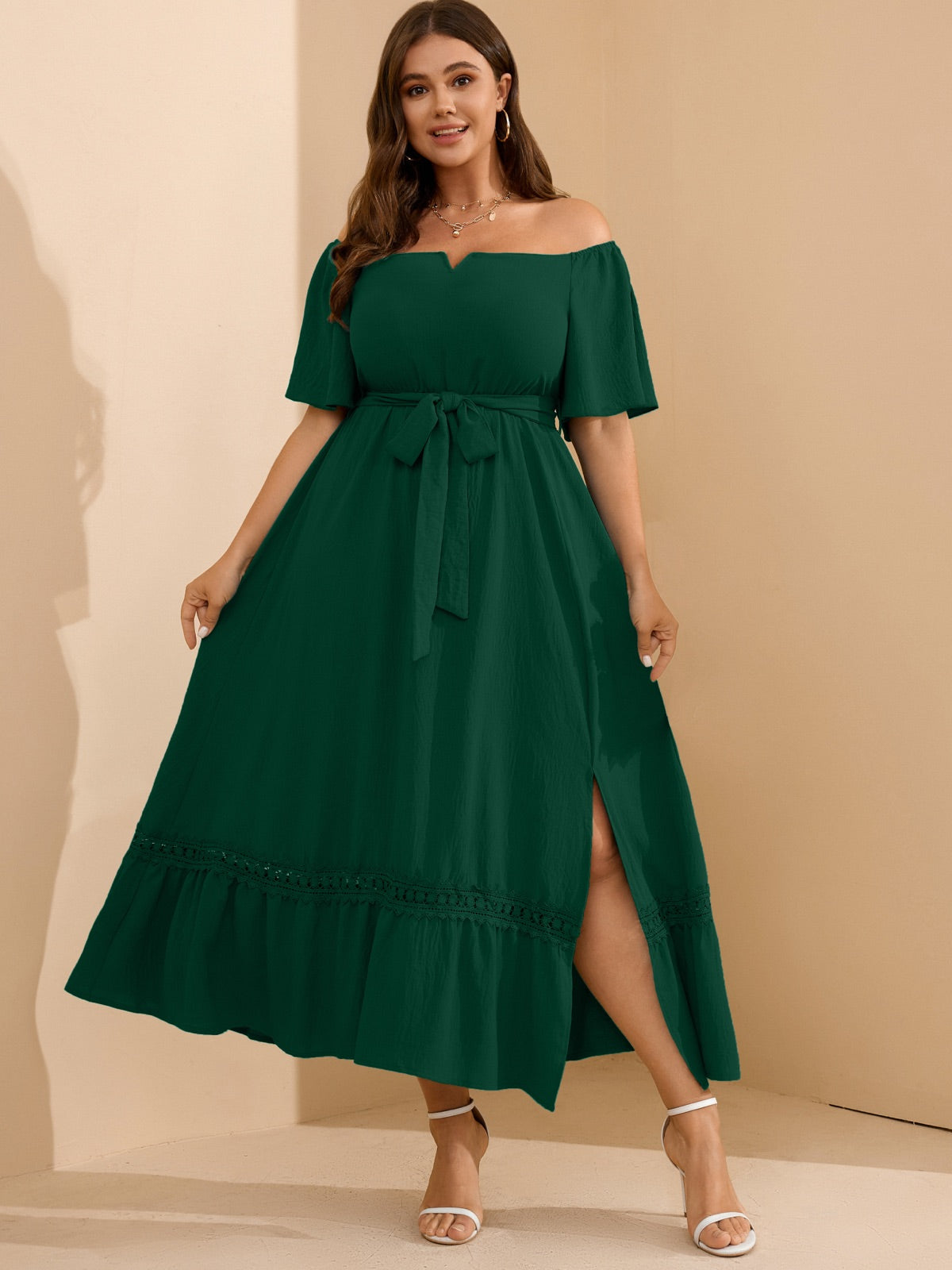 Plus Size Off-Shoulder Floral Maxi Dress — Green gallery image 1