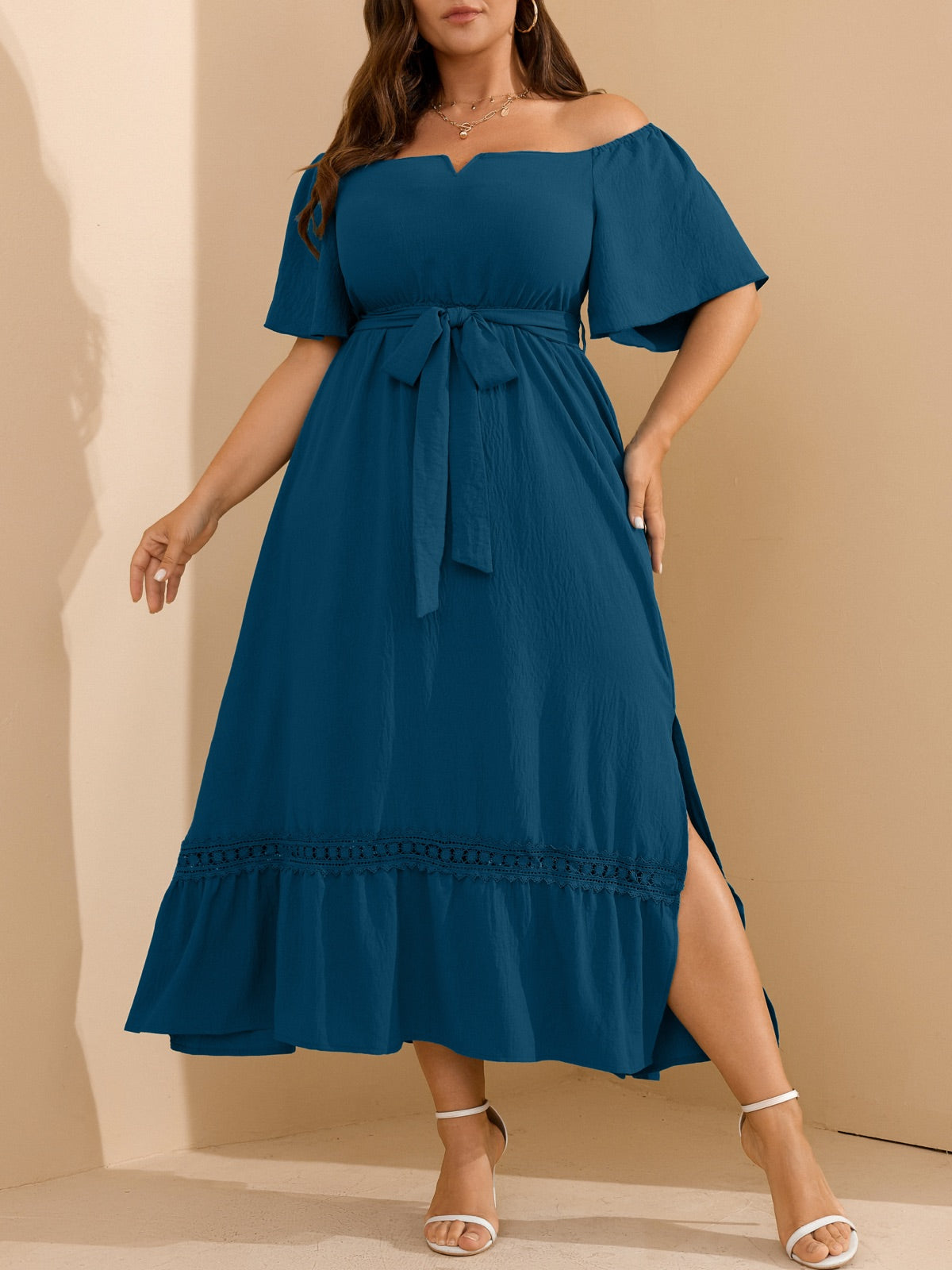 Plus Size Off-Shoulder Floral Maxi Dress — Lake Blue gallery image 3