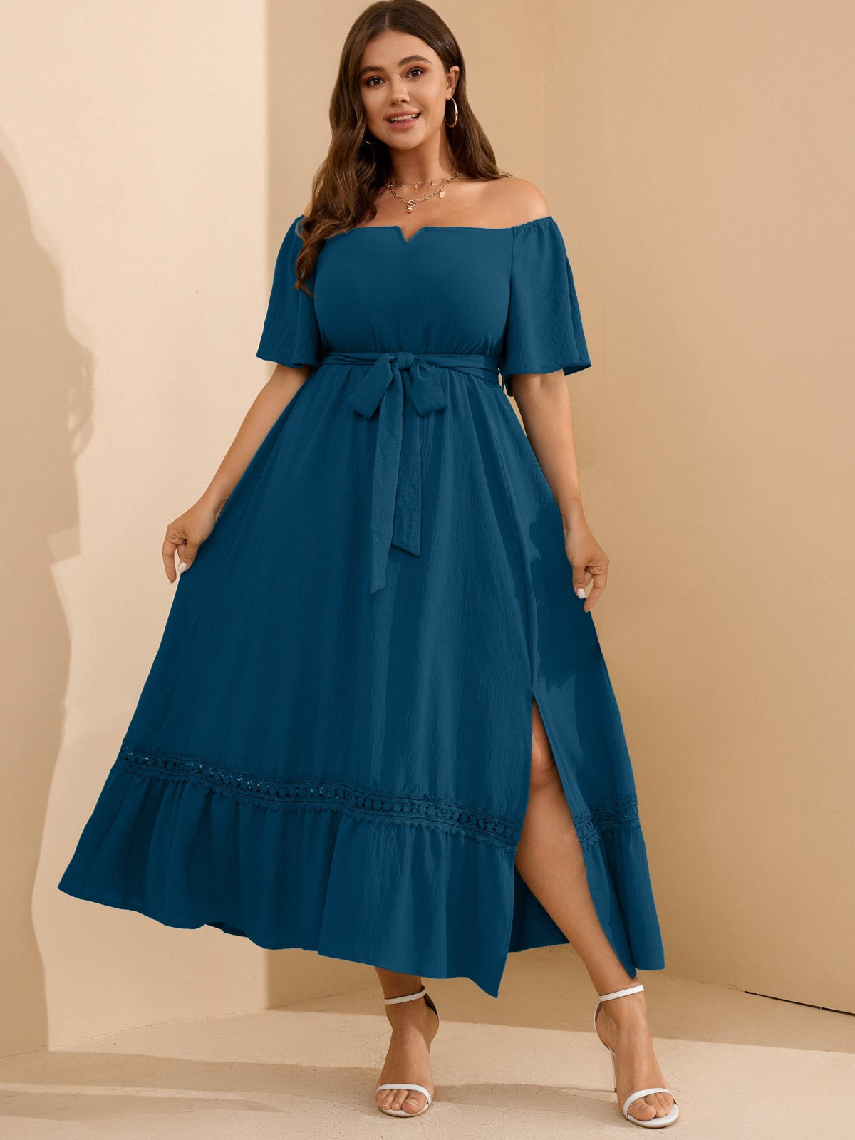 Plus Size Off-Shoulder Floral Maxi Dress — Lake Blue gallery image 2