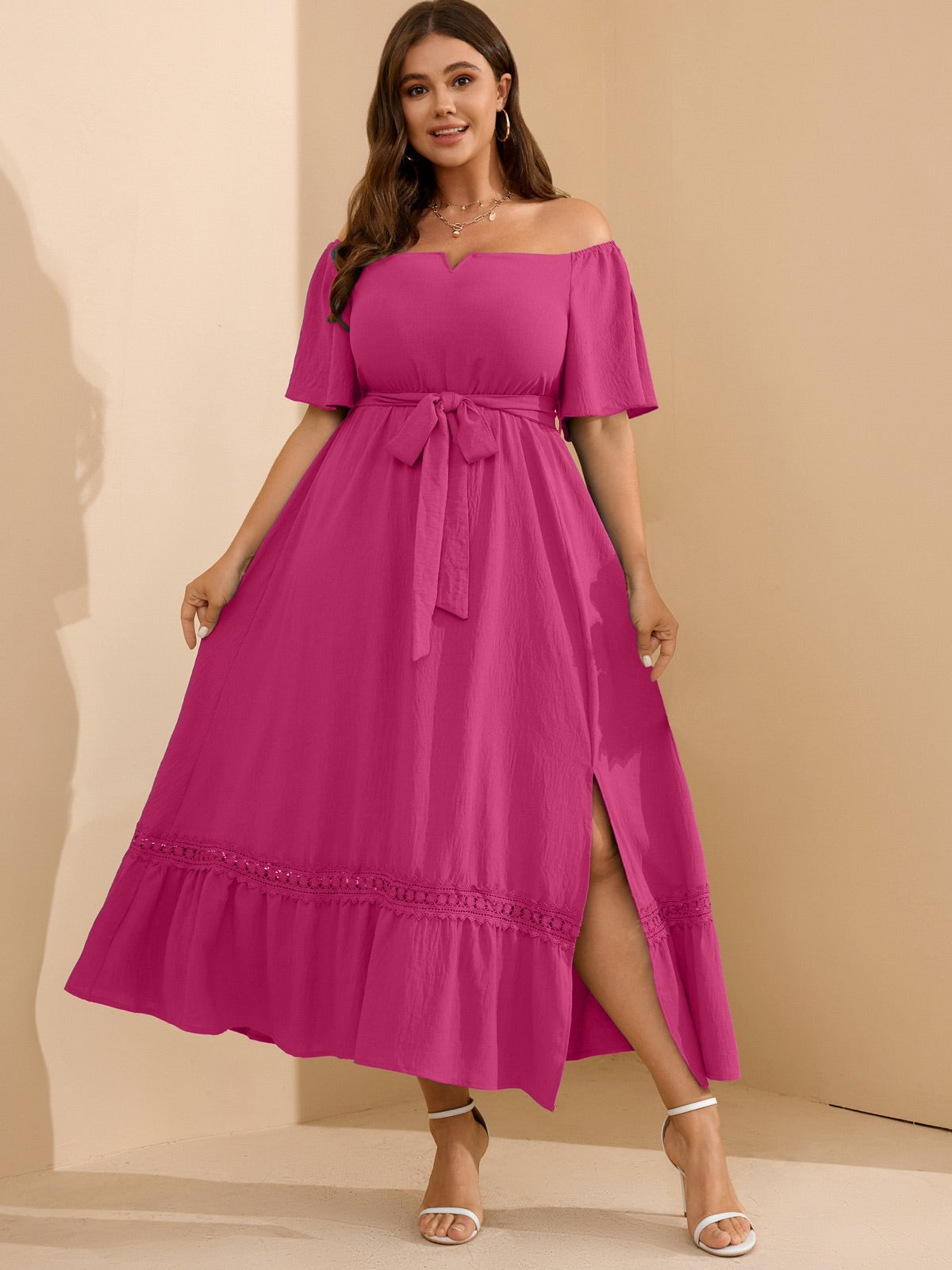 Plus Size Off-Shoulder Floral Maxi Dress — Magenta gallery image 1