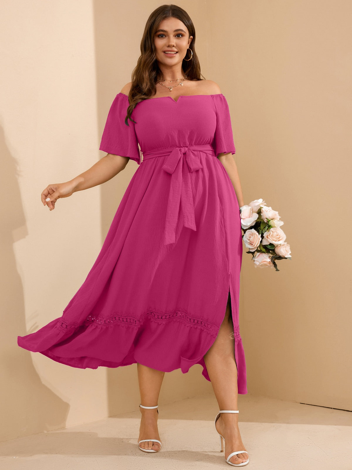 Plus Size Off-Shoulder Floral Maxi Dress — Magenta gallery image 2