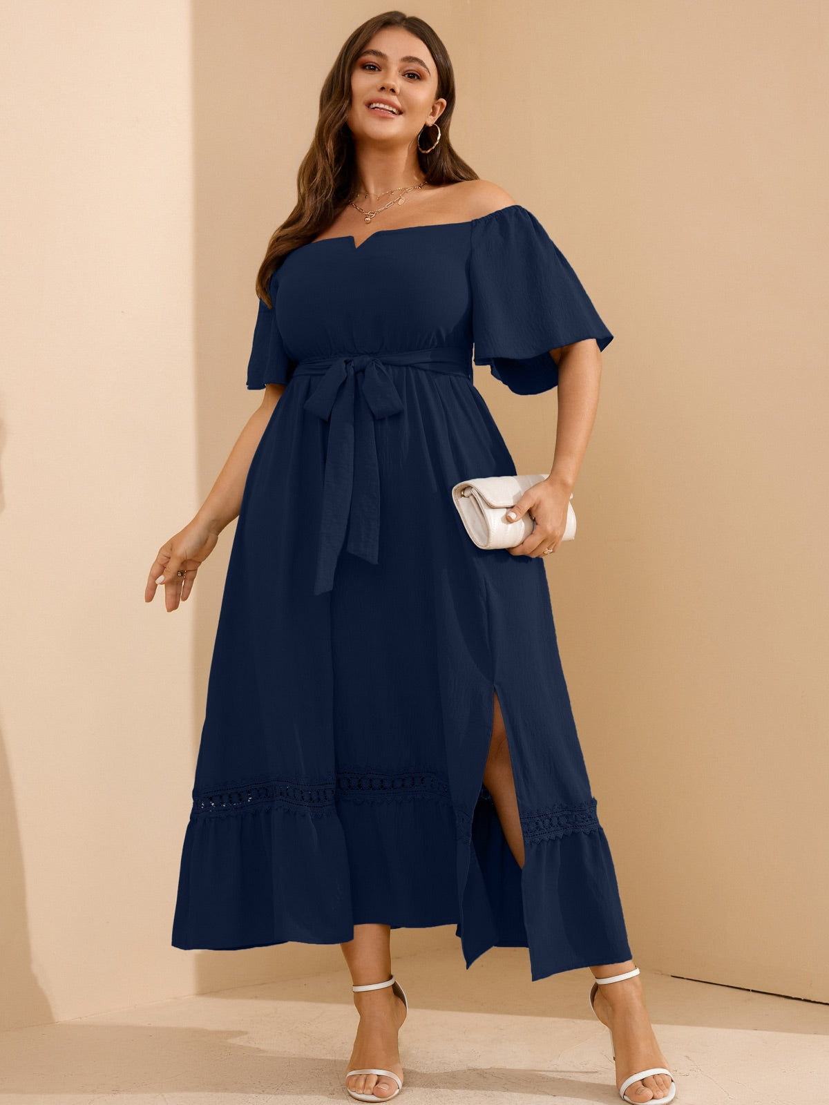 Plus Size Off-Shoulder Floral Maxi Dress — Navy Blue gallery image 2