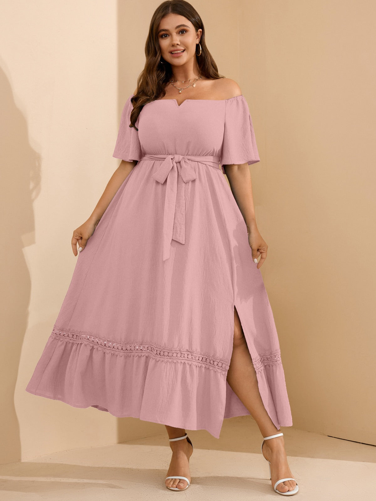 Plus Size Off-Shoulder Floral Maxi Dress — Pink gallery image 1