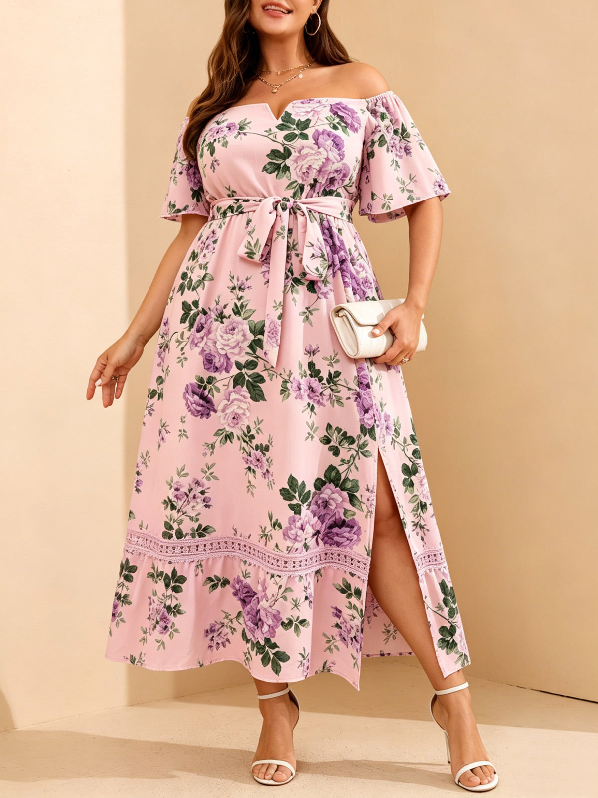 Plus Size Off-Shoulder Floral Maxi Dress — Pink Purple Floral gallery image 1