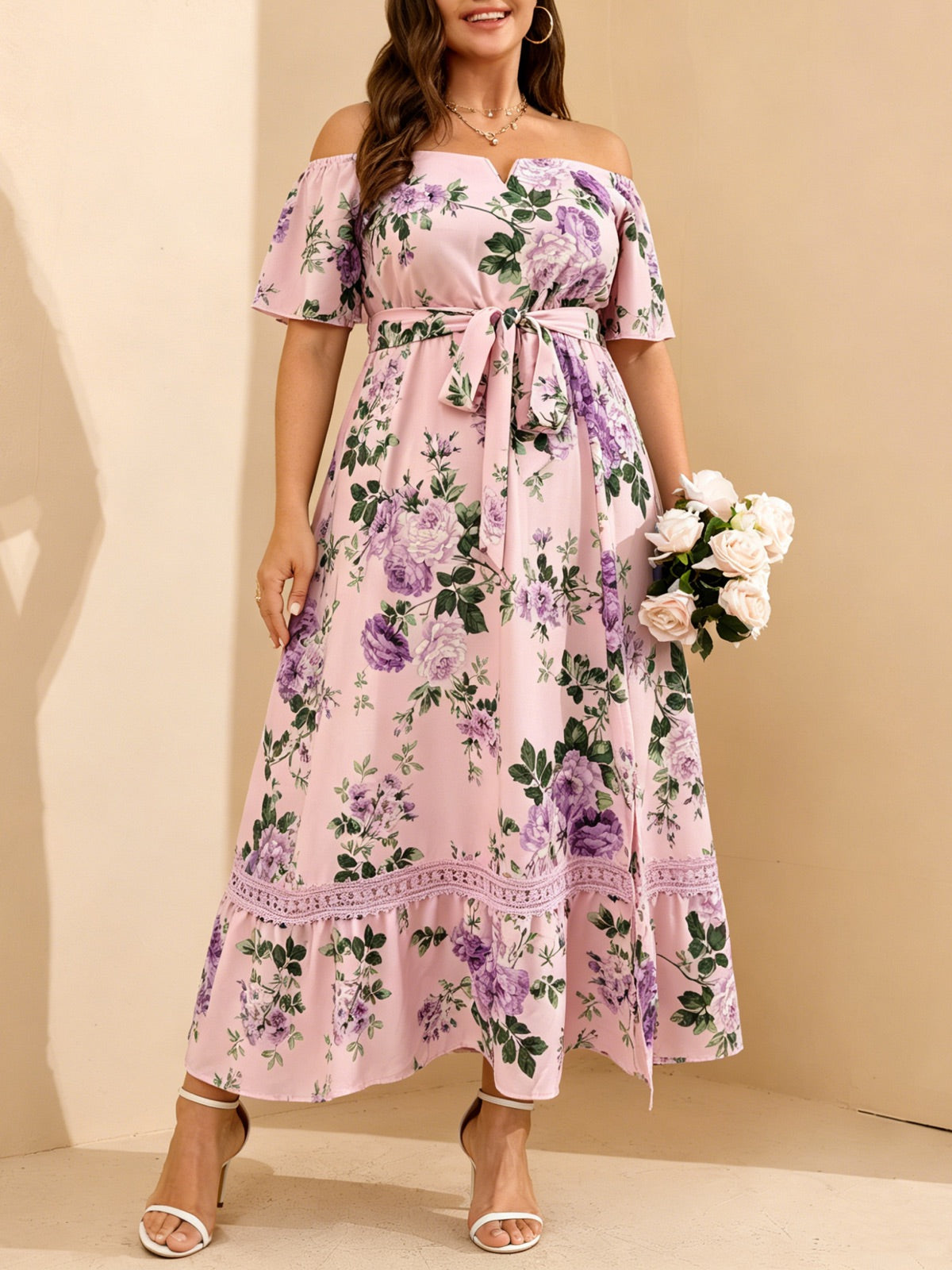 Plus Size Off-Shoulder Floral Maxi Dress — Pink Purple Floral gallery image 2