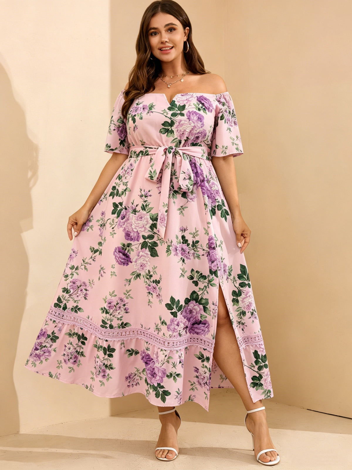 Plus Size Off-Shoulder Floral Maxi Dress — Pink Purple Floral gallery image 3