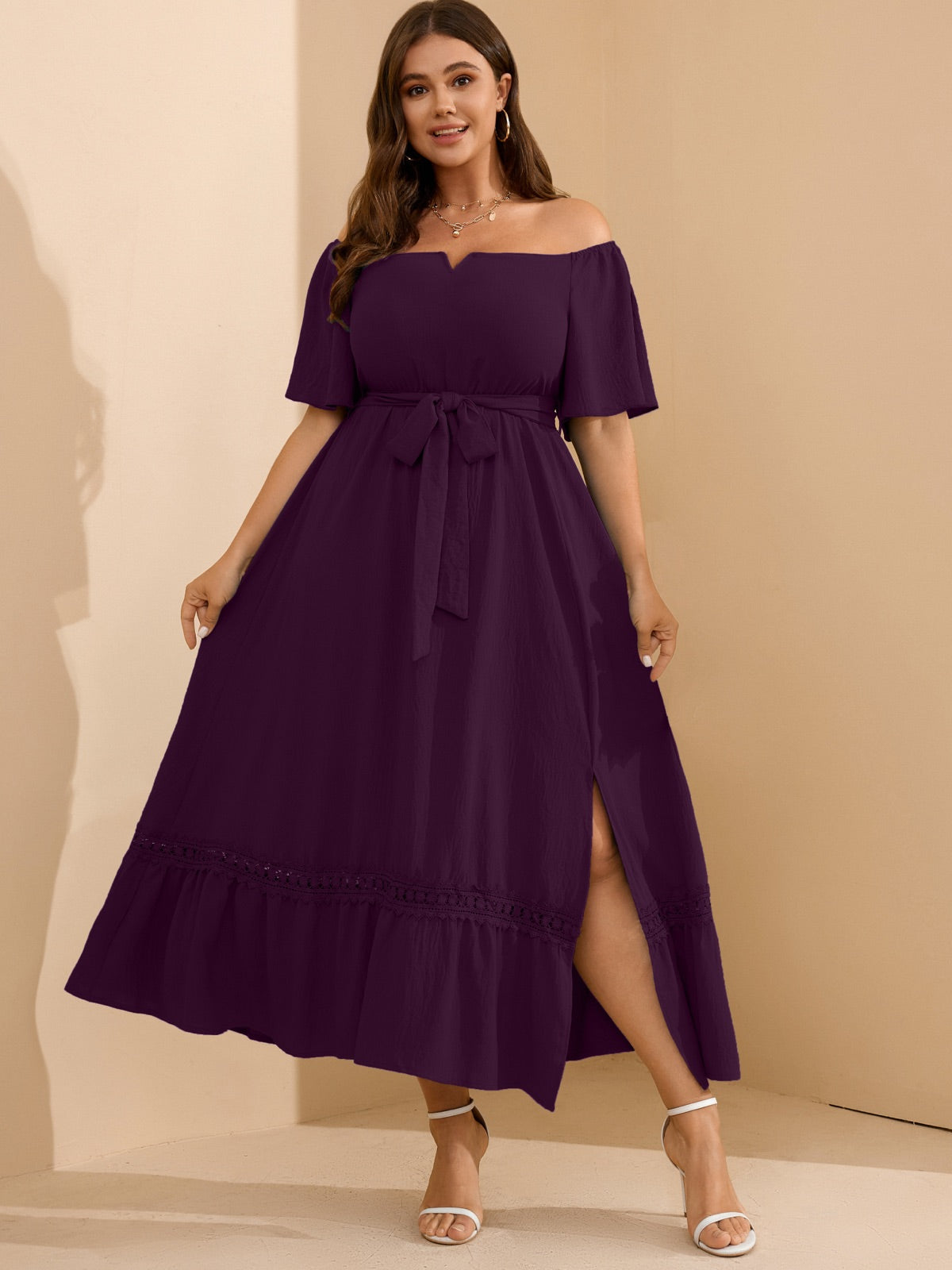 Plus Size Off-Shoulder Floral Maxi Dress — Purple gallery image 1