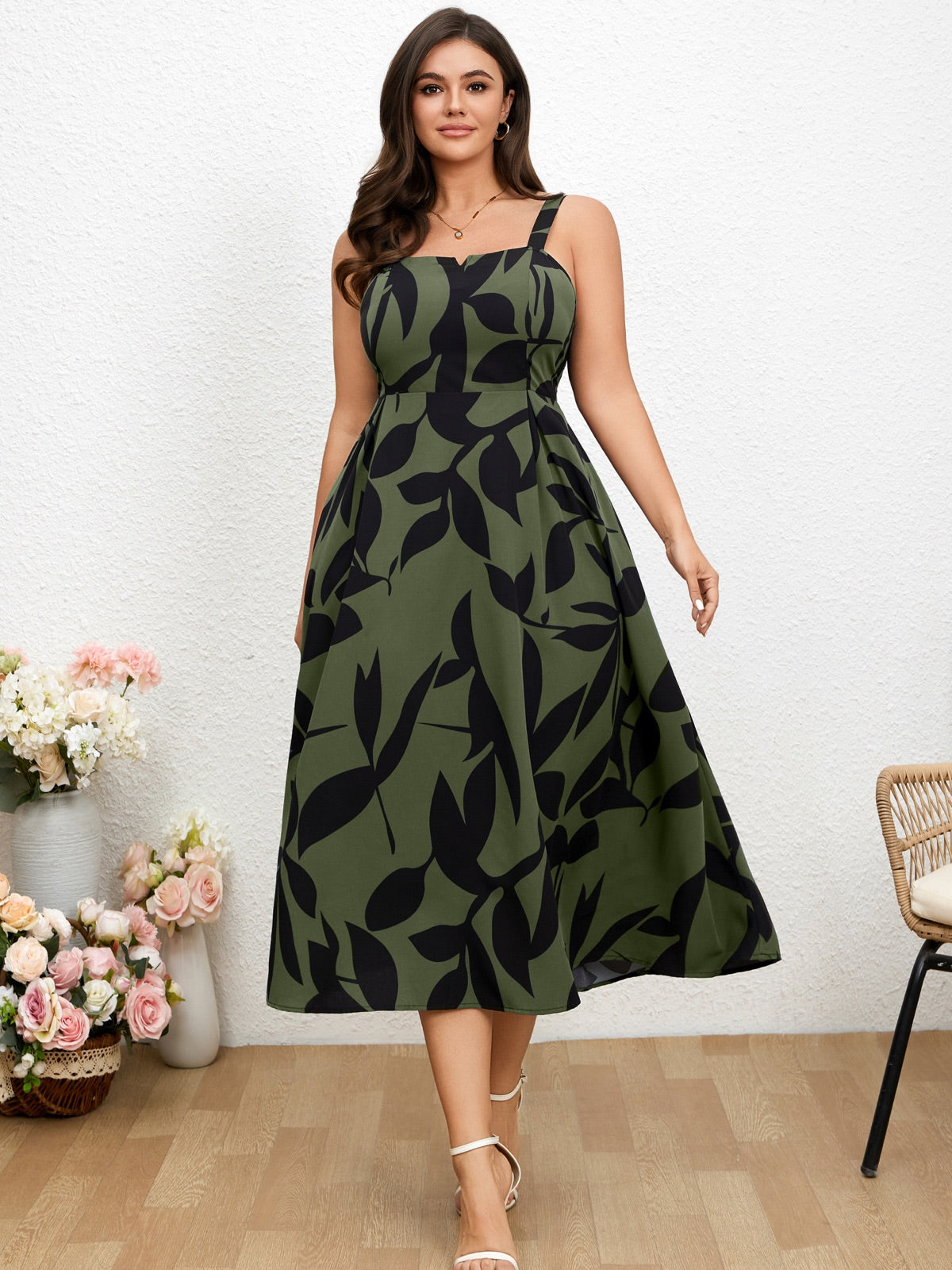 Plus Size Sleeveless Printed Midi Dress — Army Green Floral gallery image 2