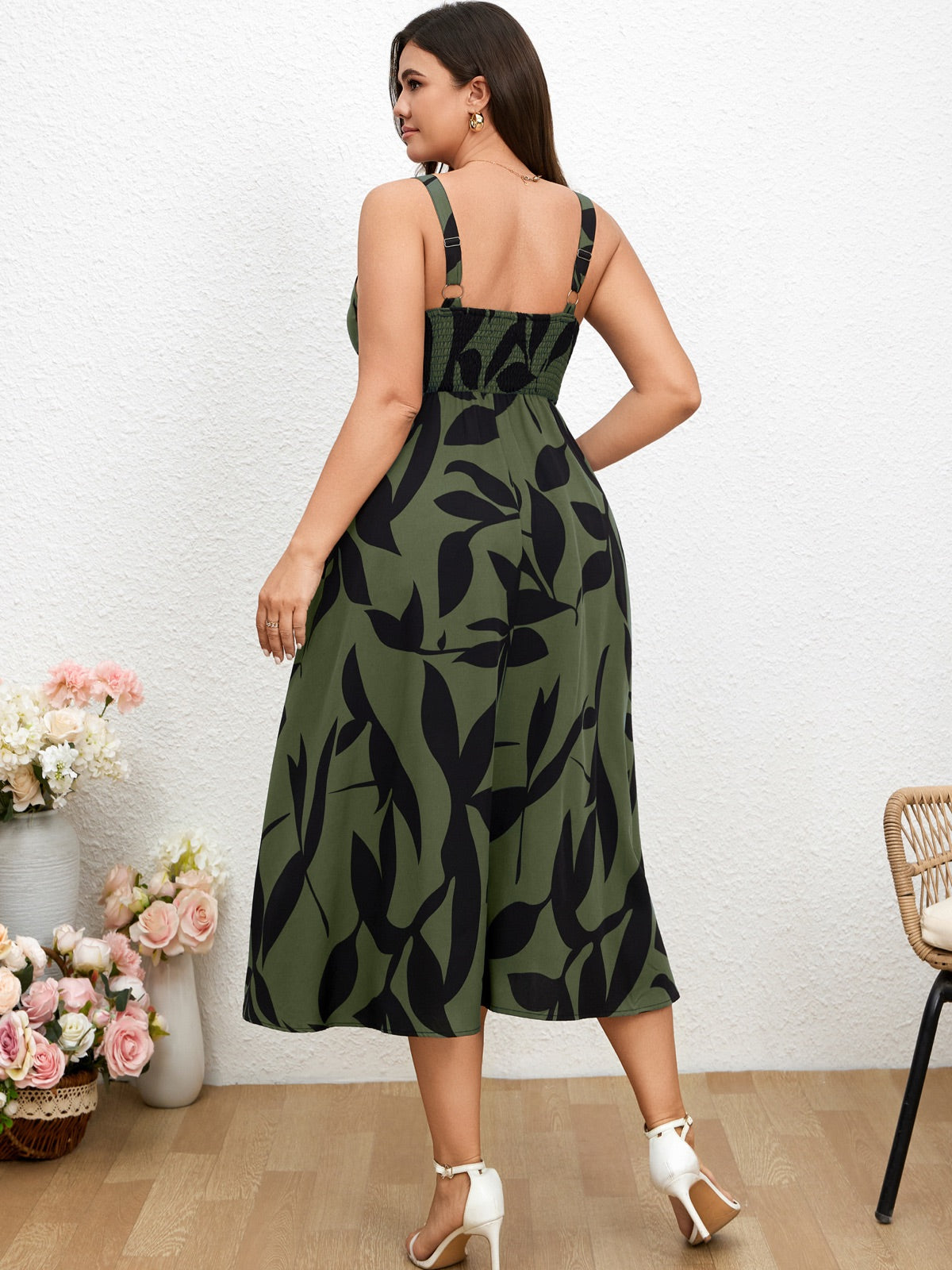 Plus Size Sleeveless Printed Midi Dress — Army Green Floral gallery image 3