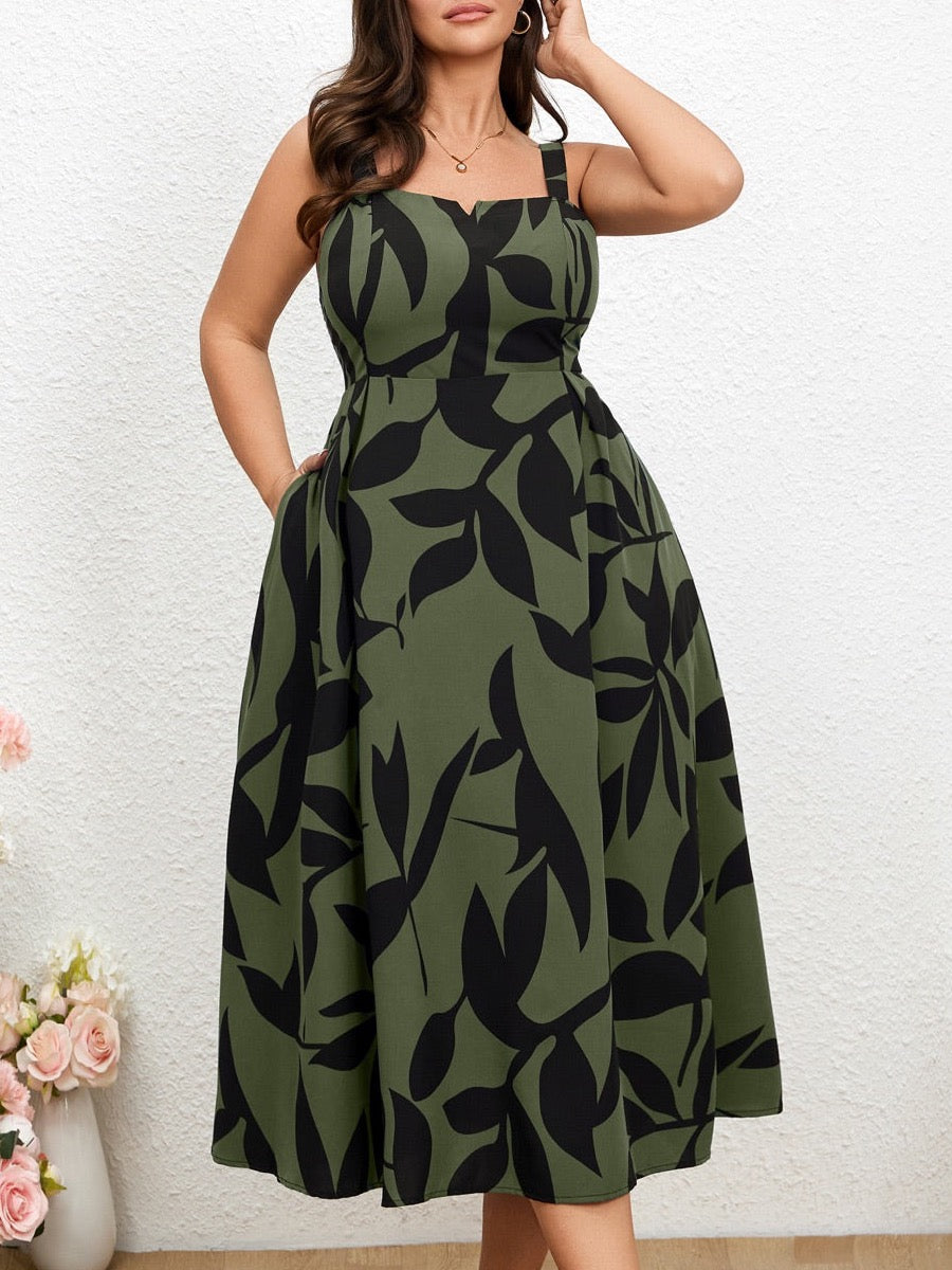 RWJ 6666 army green floral sleeveless printed midi dress, upper-body detail