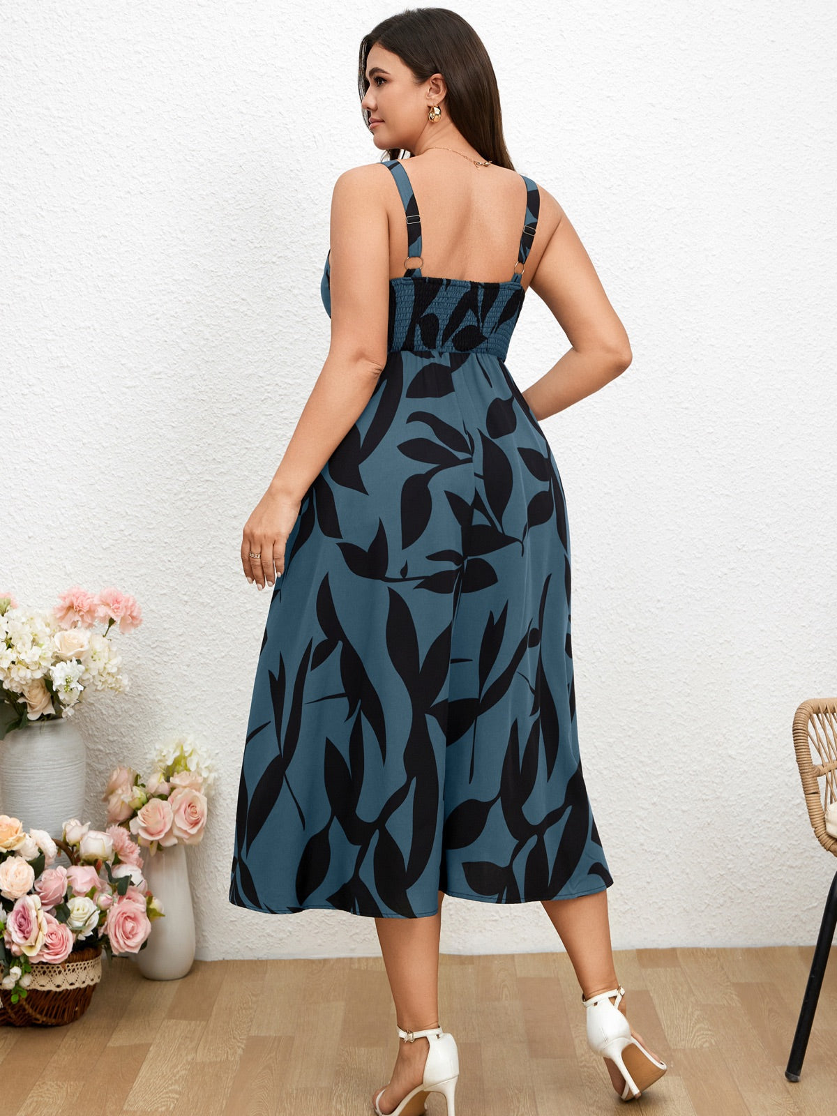 Plus Size Sleeveless Printed Midi Dress — Black Blue Floral gallery image 3