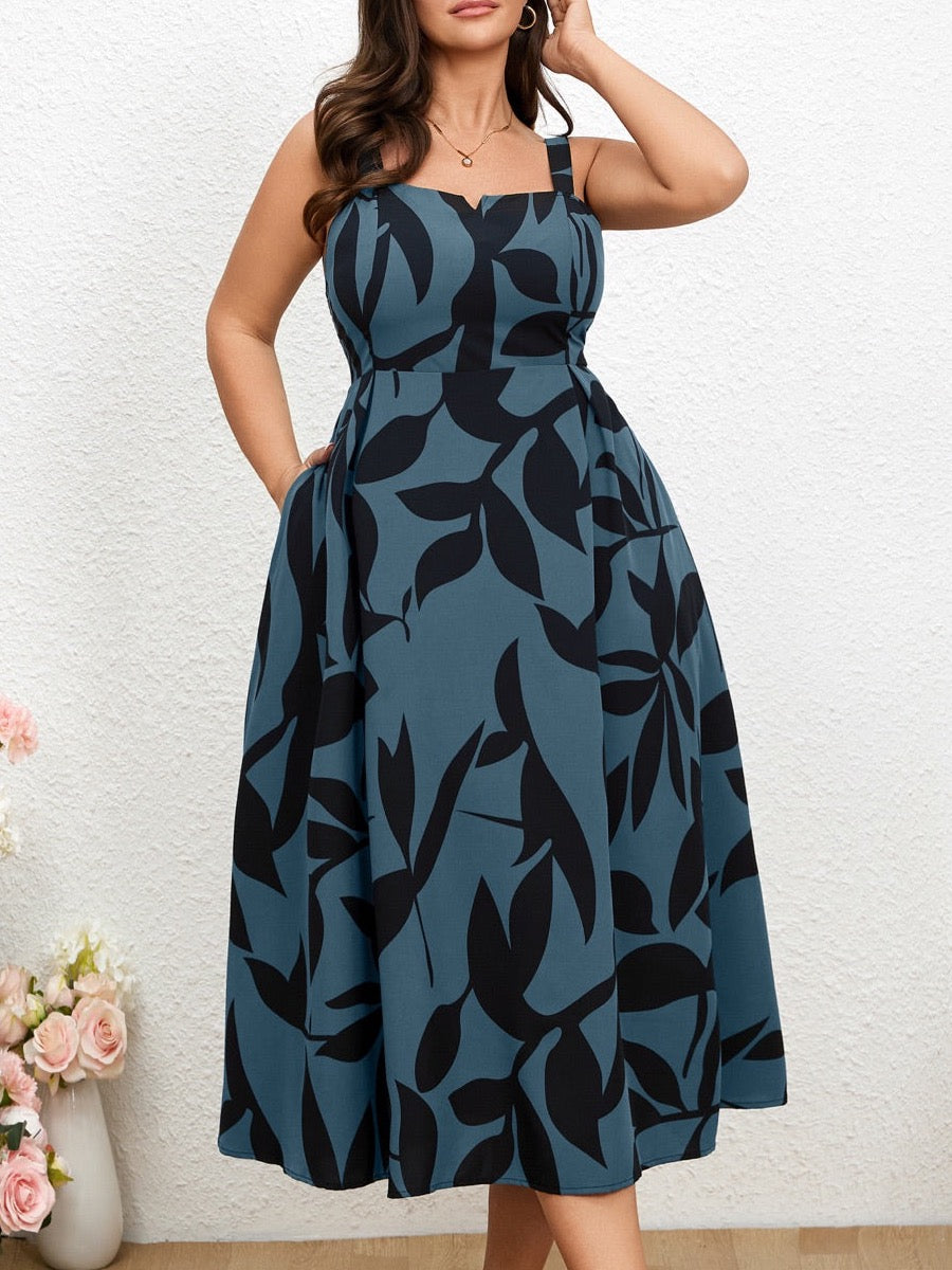 RWJ 6666 black blue floral sleeveless printed midi dress, upper-body detail