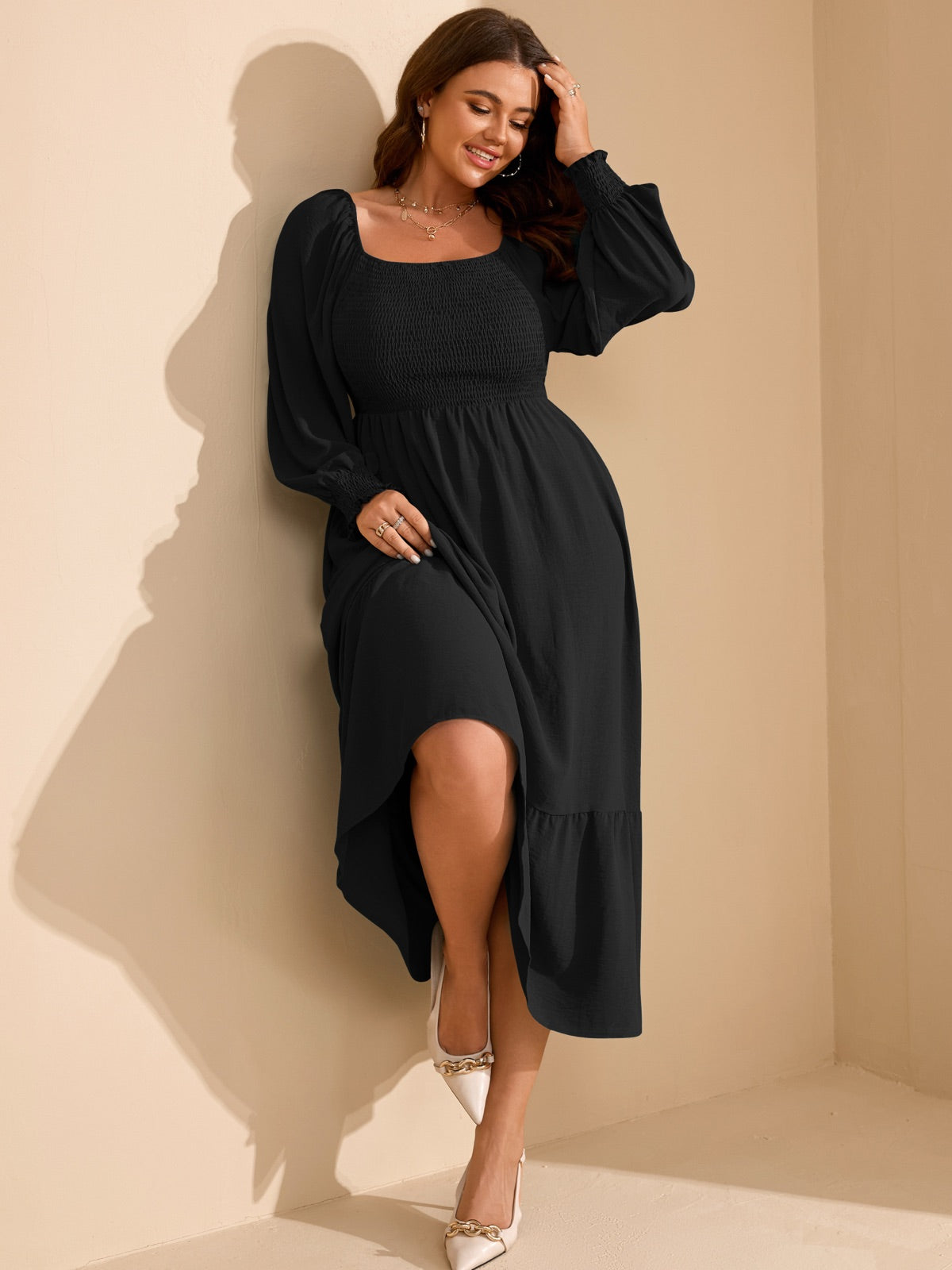 Plus Size Floral Long-Sleeve Maxi Dress — Black gallery image 3