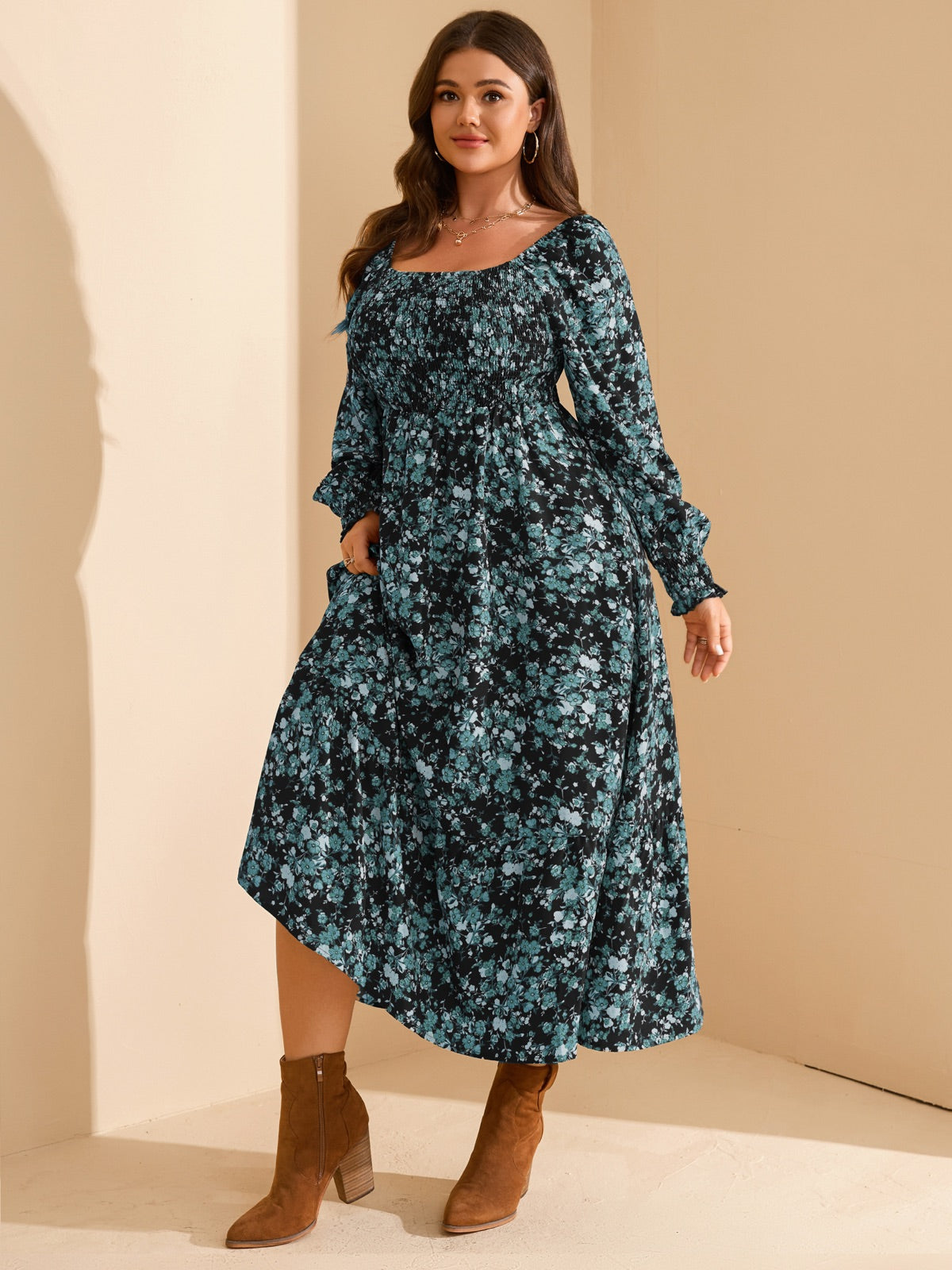 Plus Size Floral Long-Sleeve Maxi Dress — Black Blue Floral gallery image 1