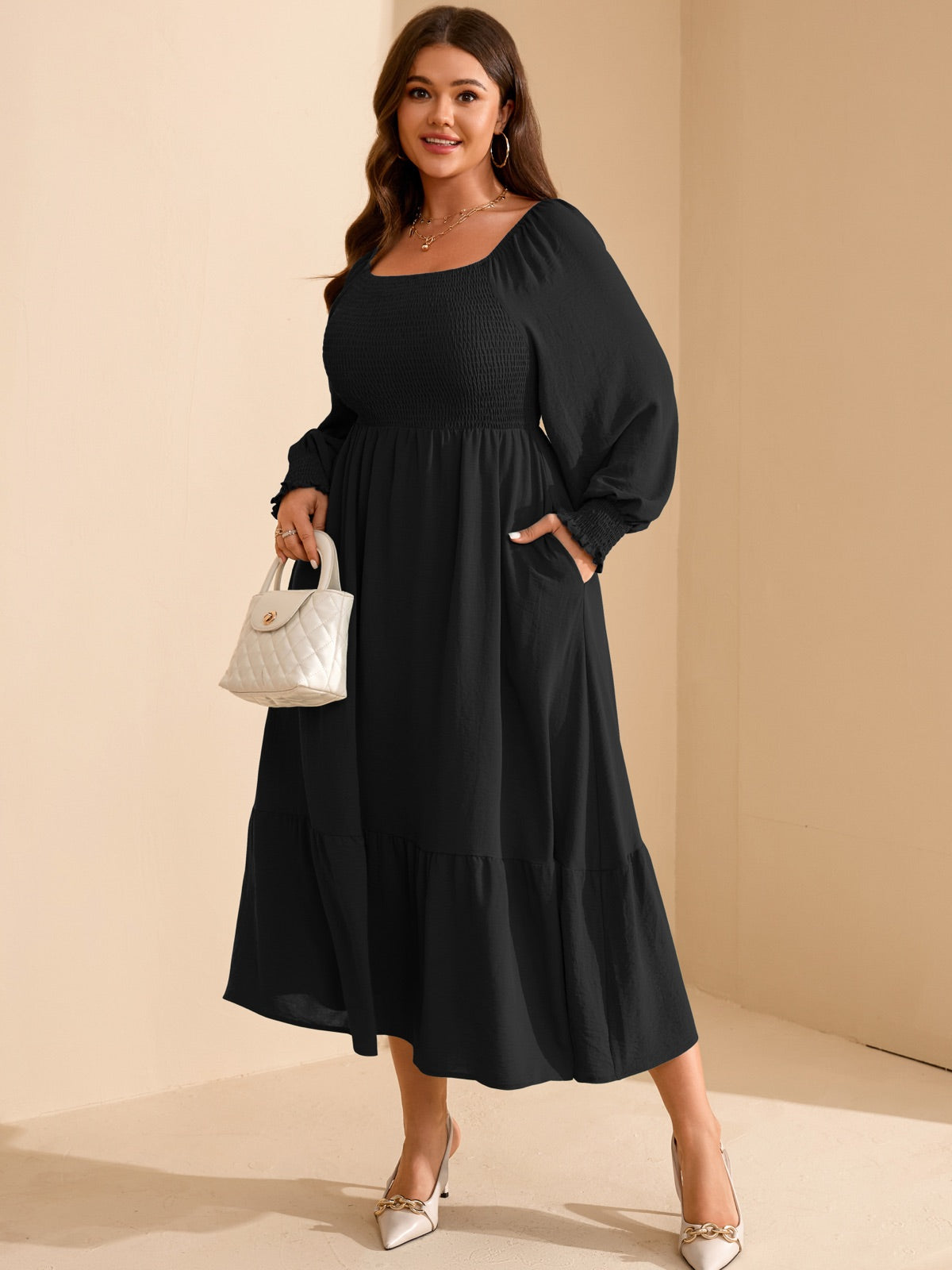 Plus Size Floral Long-Sleeve Maxi Dress — Black gallery image 4