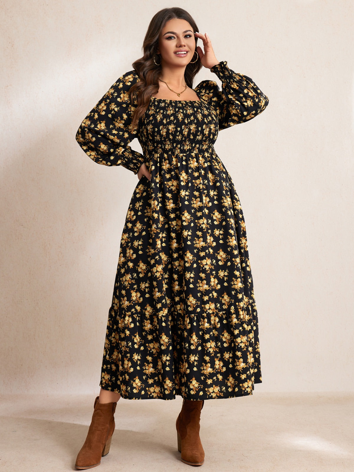 Plus Size Floral Long-Sleeve Maxi Dress — Black Yellow Floral gallery image 1