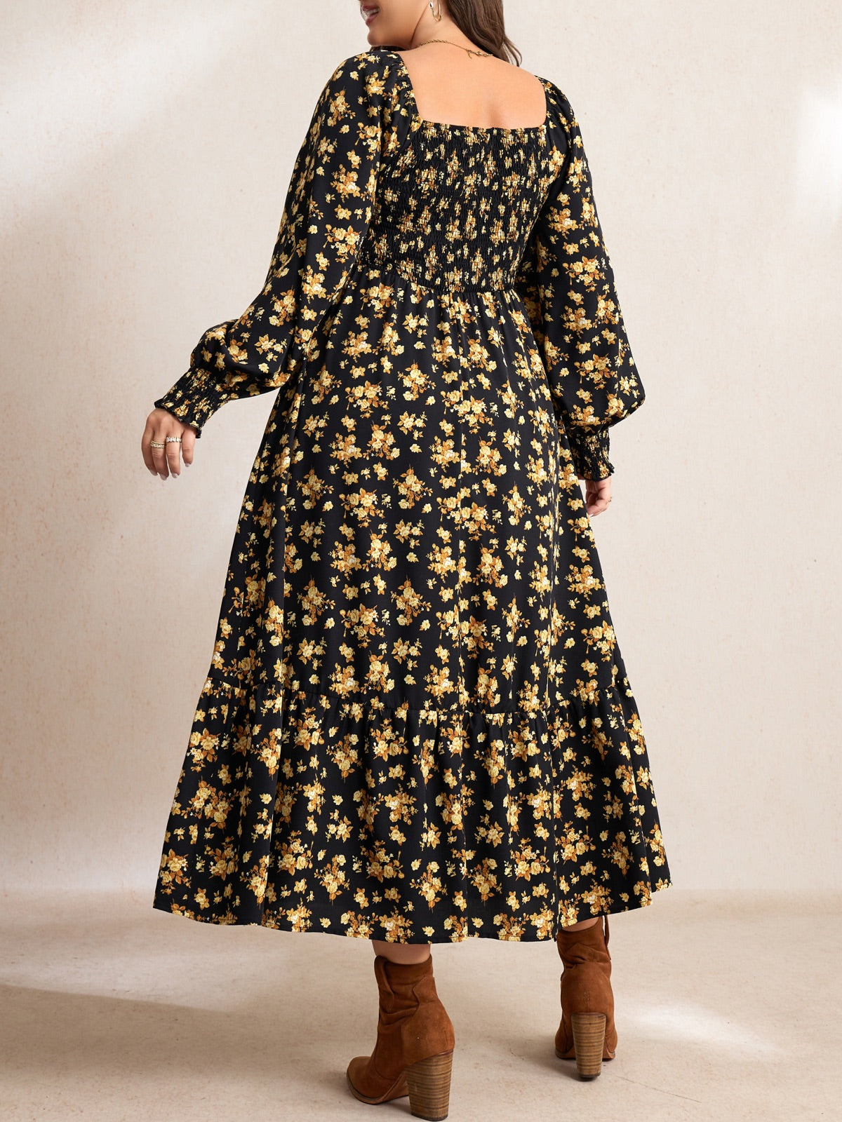 Plus Size Floral Long-Sleeve Maxi Dress — Black Yellow Floral gallery image 2