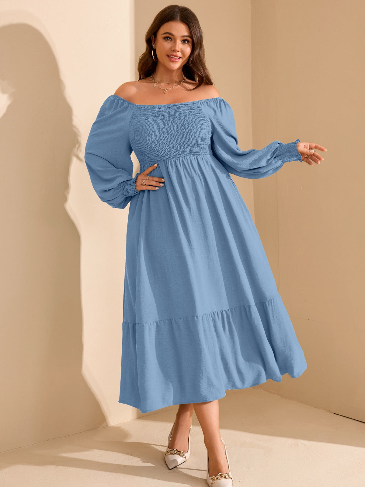 Plus Size Floral Long-Sleeve Maxi Dress — Blue Grey gallery image 1